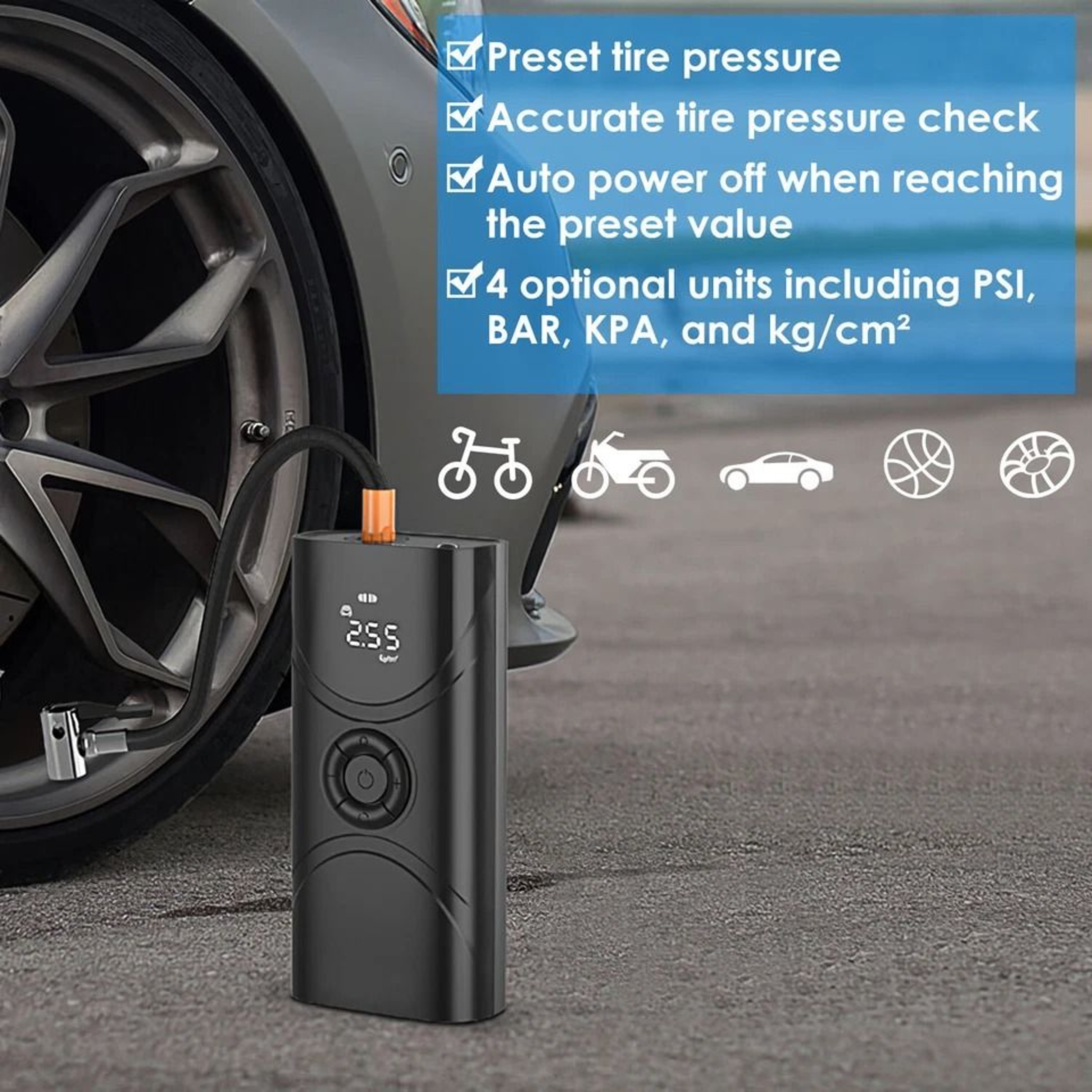 Wireless Car Tire Inflator Portable Air Compressor Pump Electric Tire Inflator For Fast Inflation 3