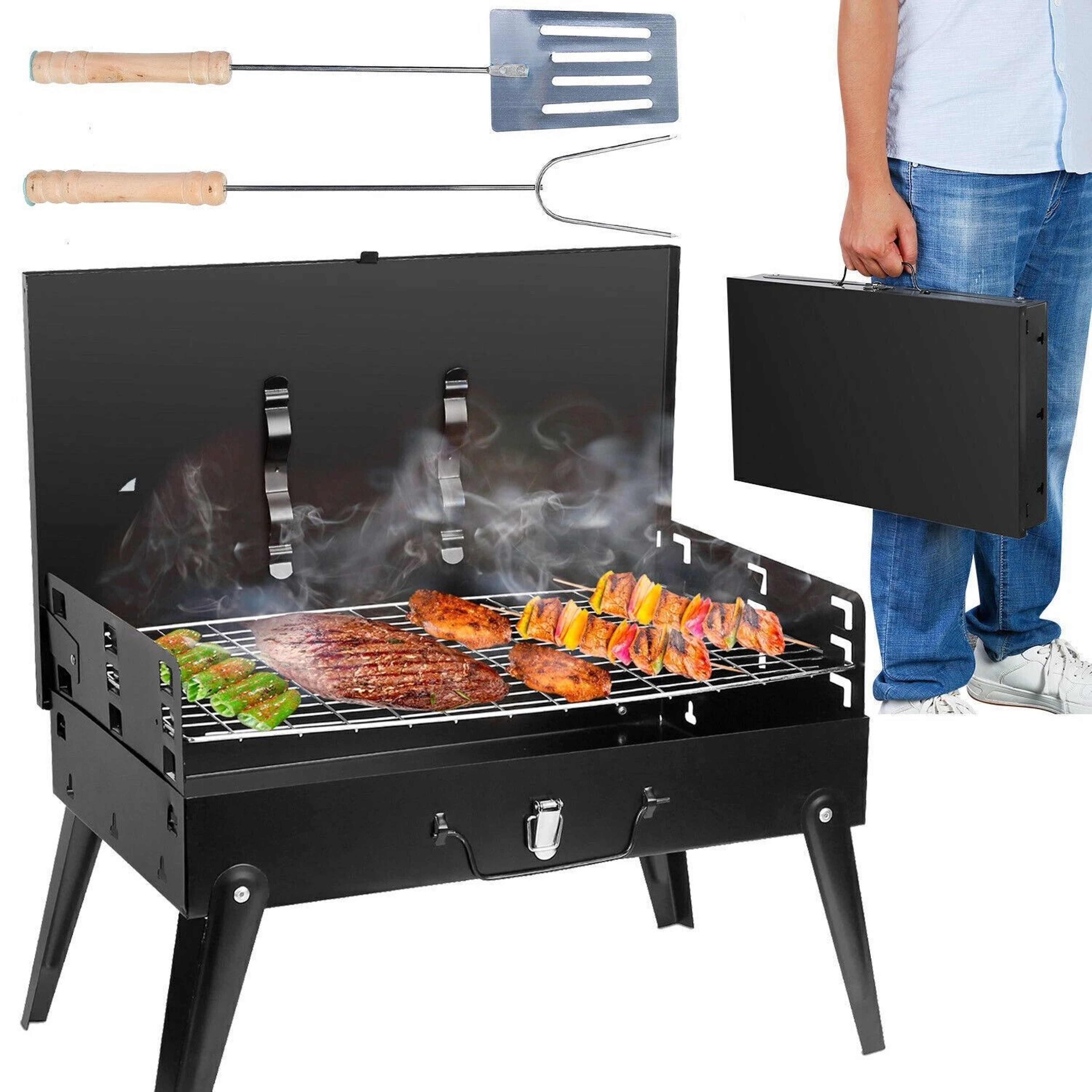 Portable BBQ Grill Folding Charcoal Barbecue With Adjustable Heights Compact BBQ Grill Shelf 10