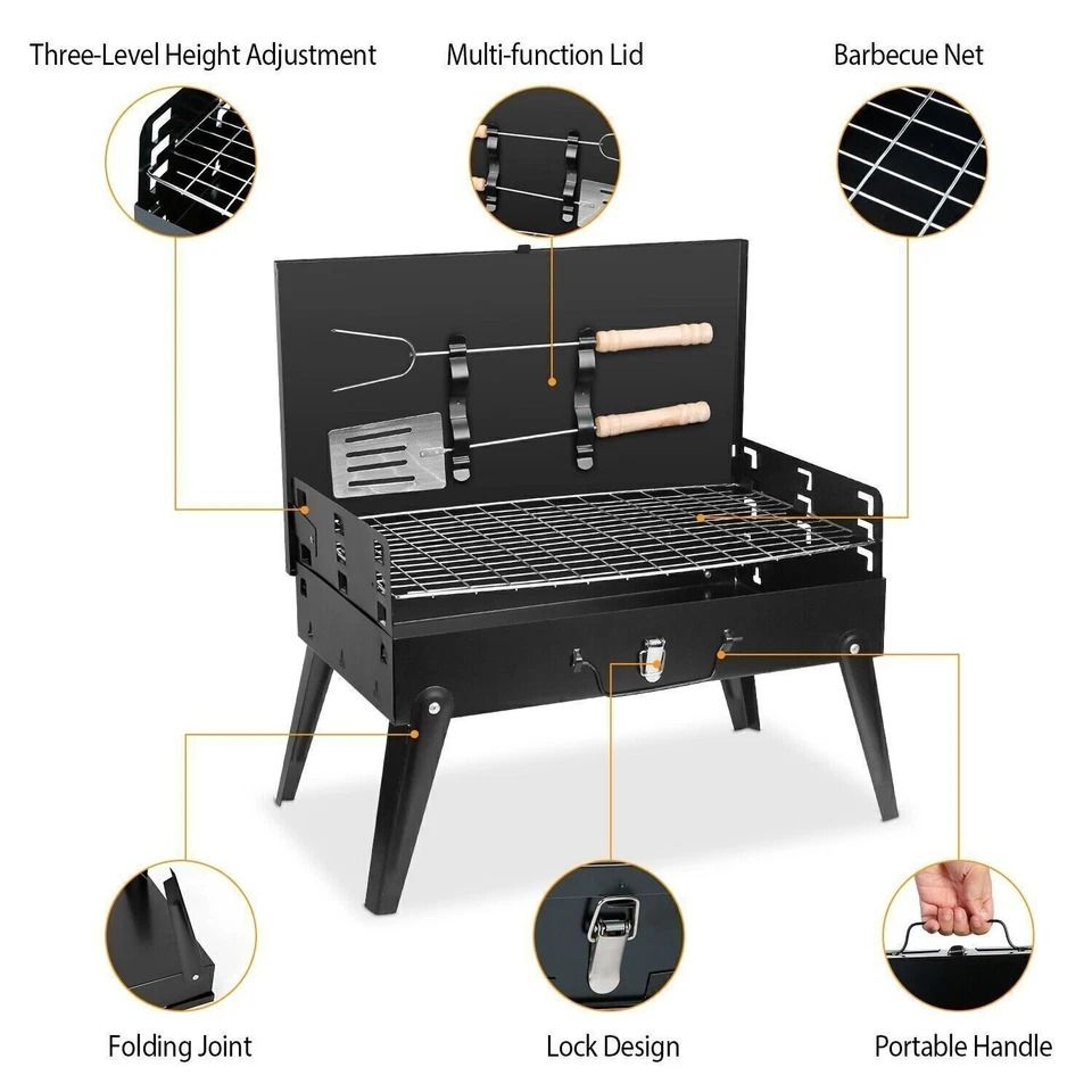 Portable BBQ Grill Folding Charcoal Barbecue With Adjustable Heights Compact BBQ Grill Shelf 1