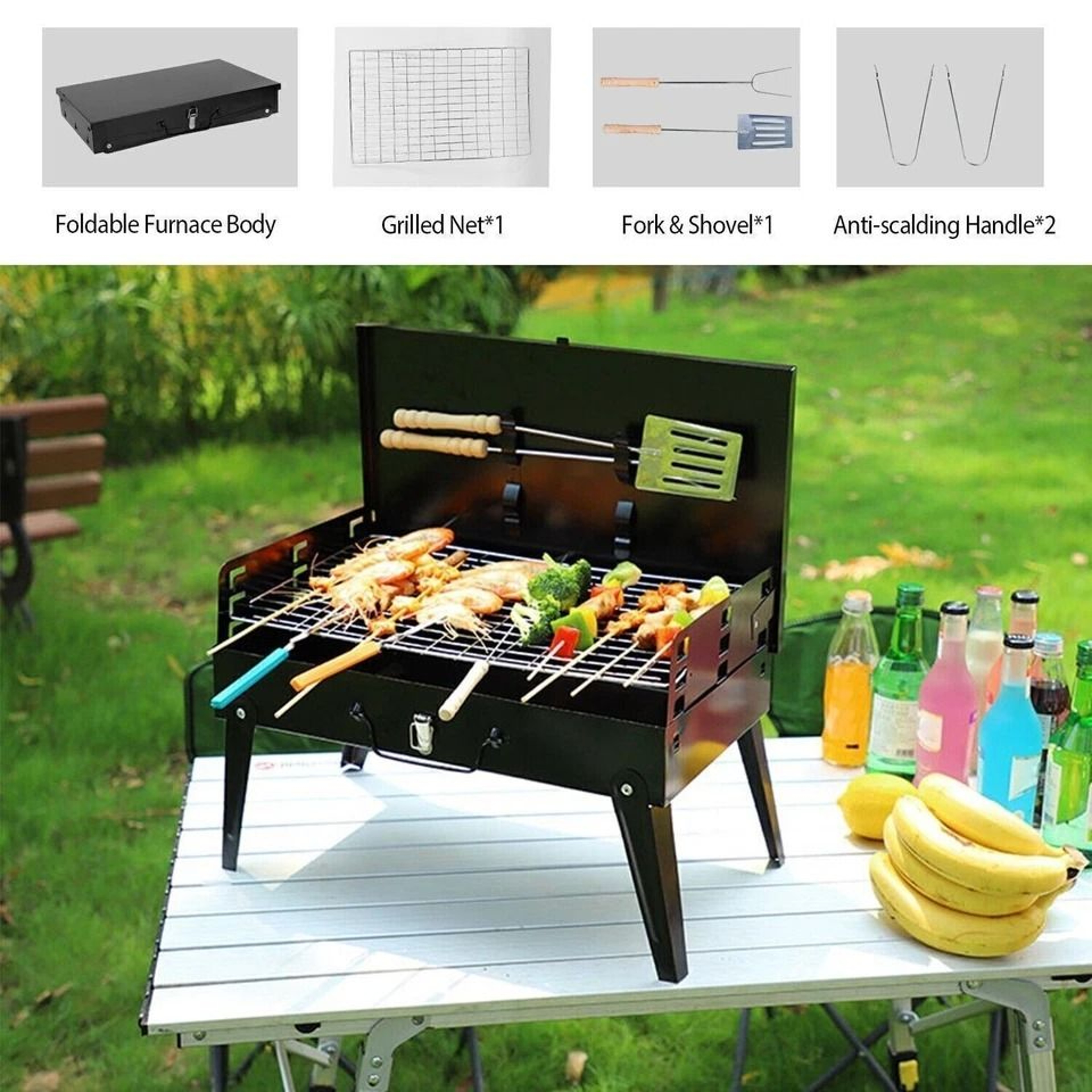 Portable BBQ Grill Folding Charcoal Barbecue With Adjustable Heights Compact BBQ Grill Shelf 4