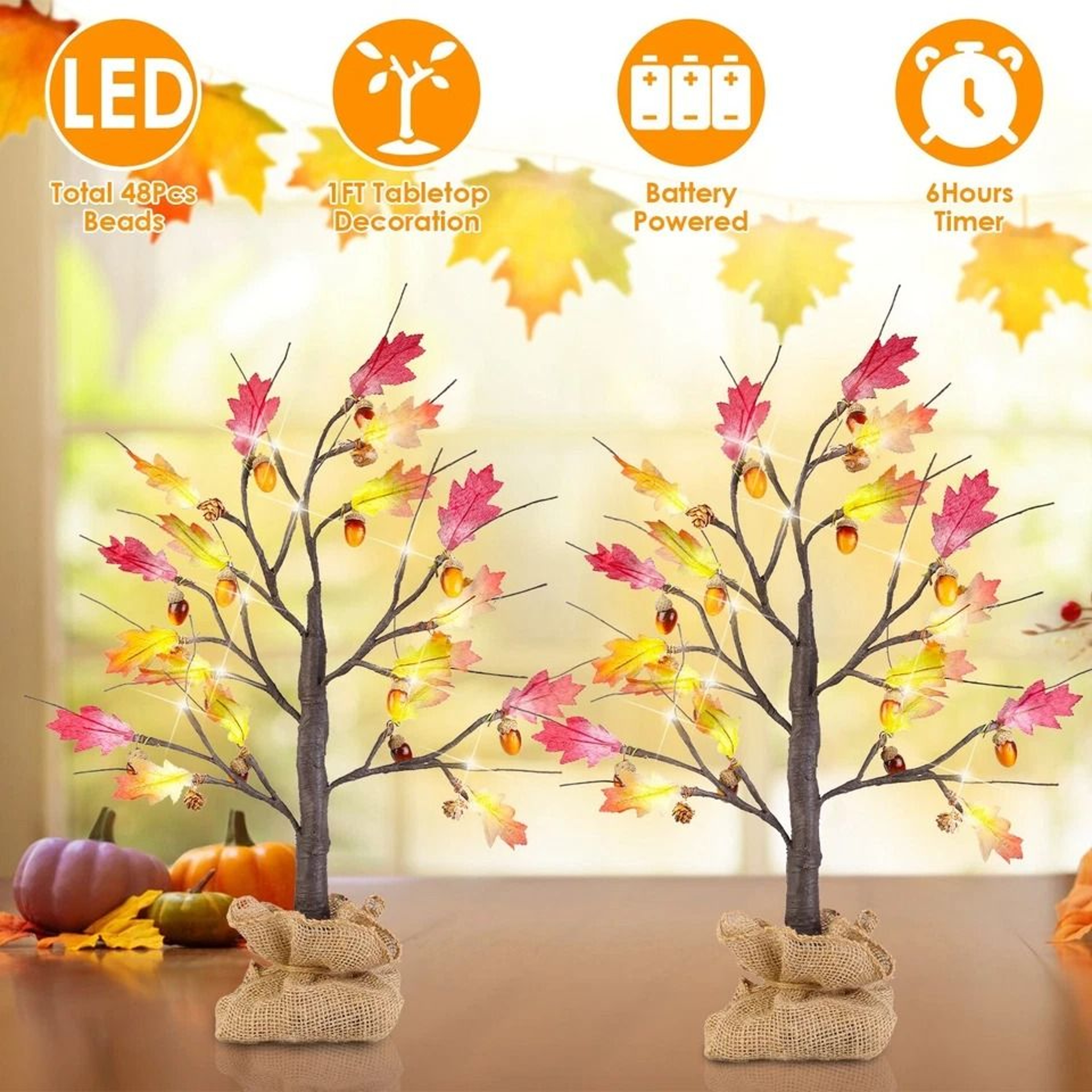 Lighted Maple Tree Warm White LED Beads Artificial Fall Tree For Thanksgiving  Autumn Home Decor 10