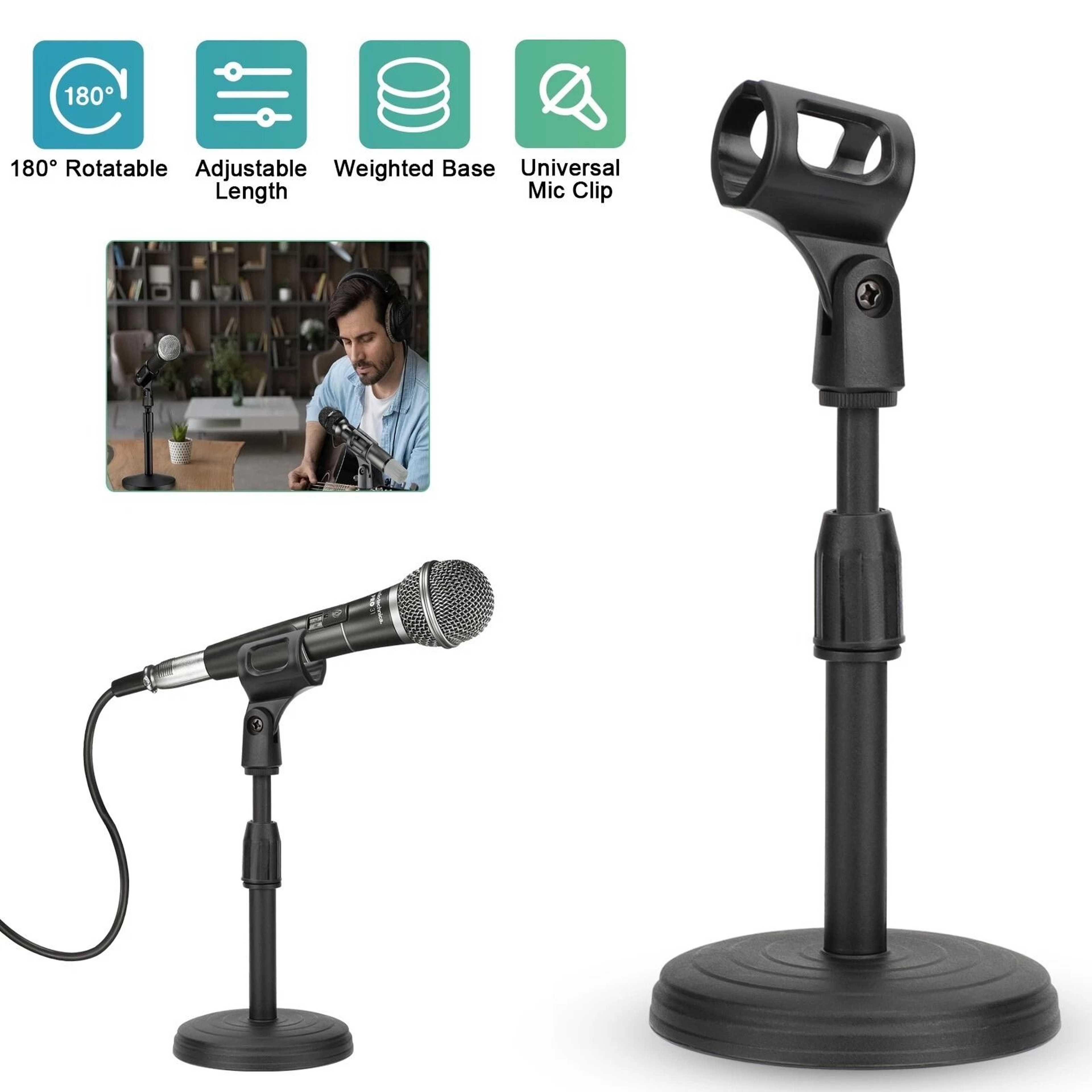 Portable Desktop Microphone Stand Adjustable Height Mini Round Base Weighted Rotatable Mic Clip 2