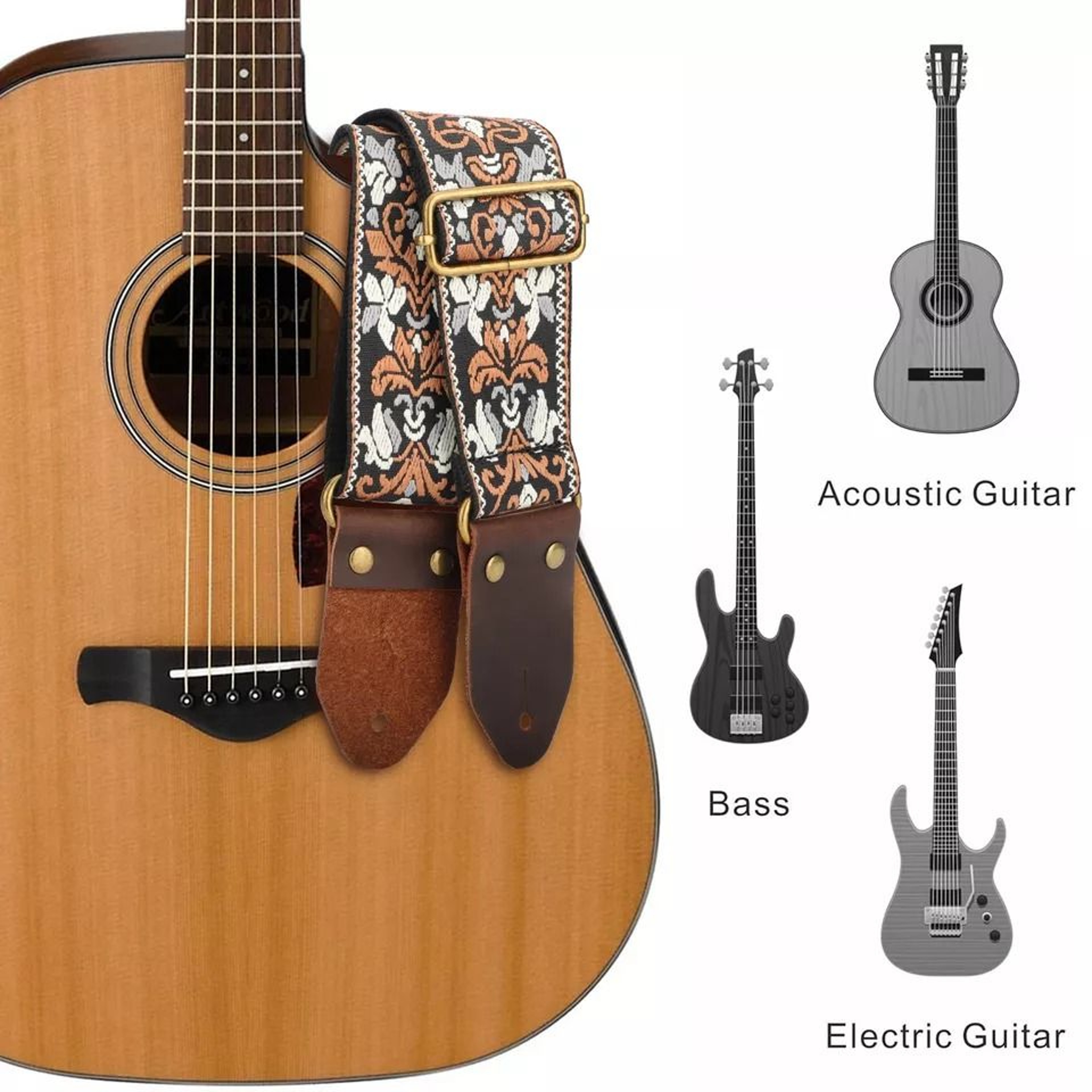 Embroidery Guitar Strap For Bass  Acoustic Guitars Adjustable Cotton Strap Brass Sliding Buckle 3