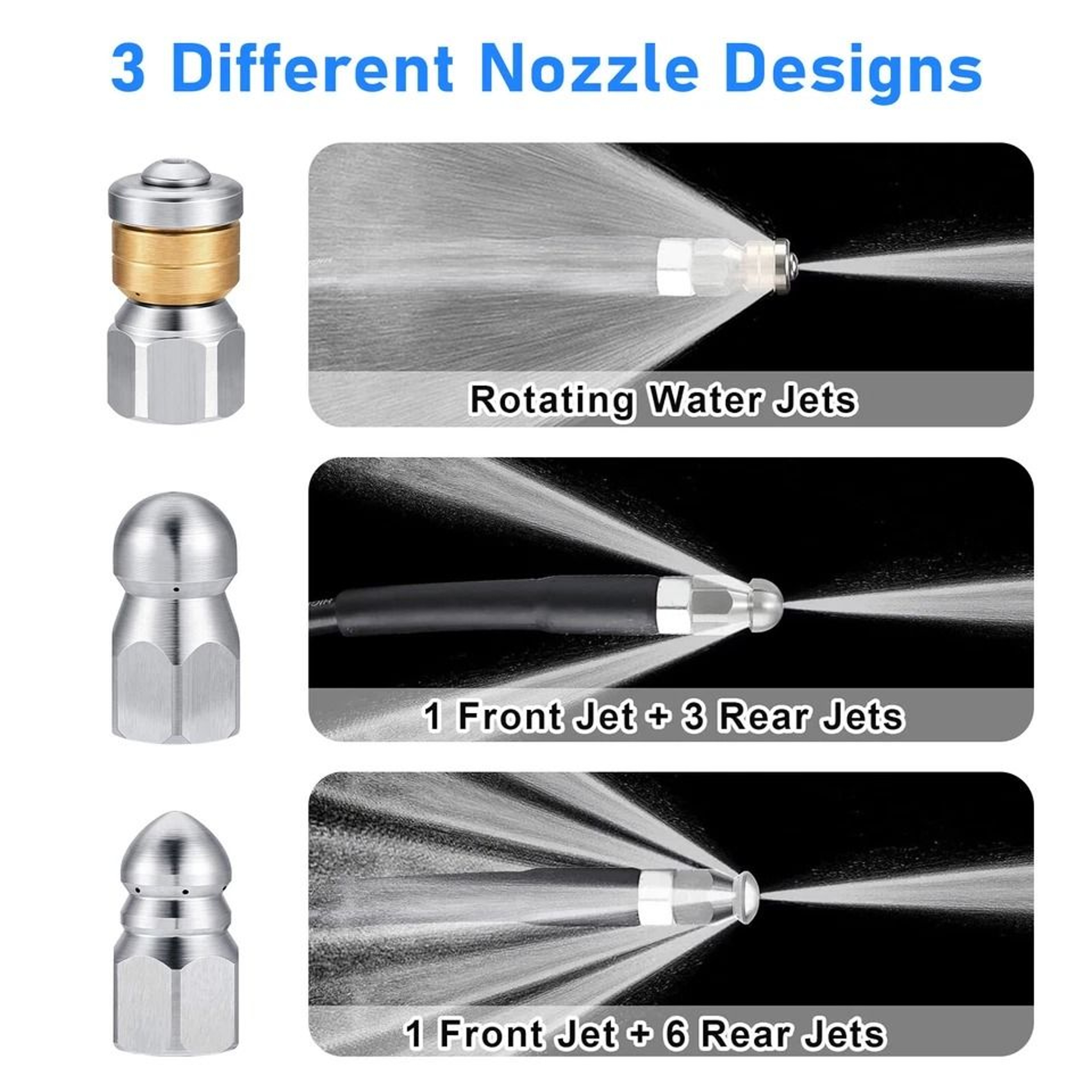 Heavy Duty PSI Sewer Jetter Nozzle Multifunction Pressure Washer Drain Jet Hose Tip Stainless Steel 6