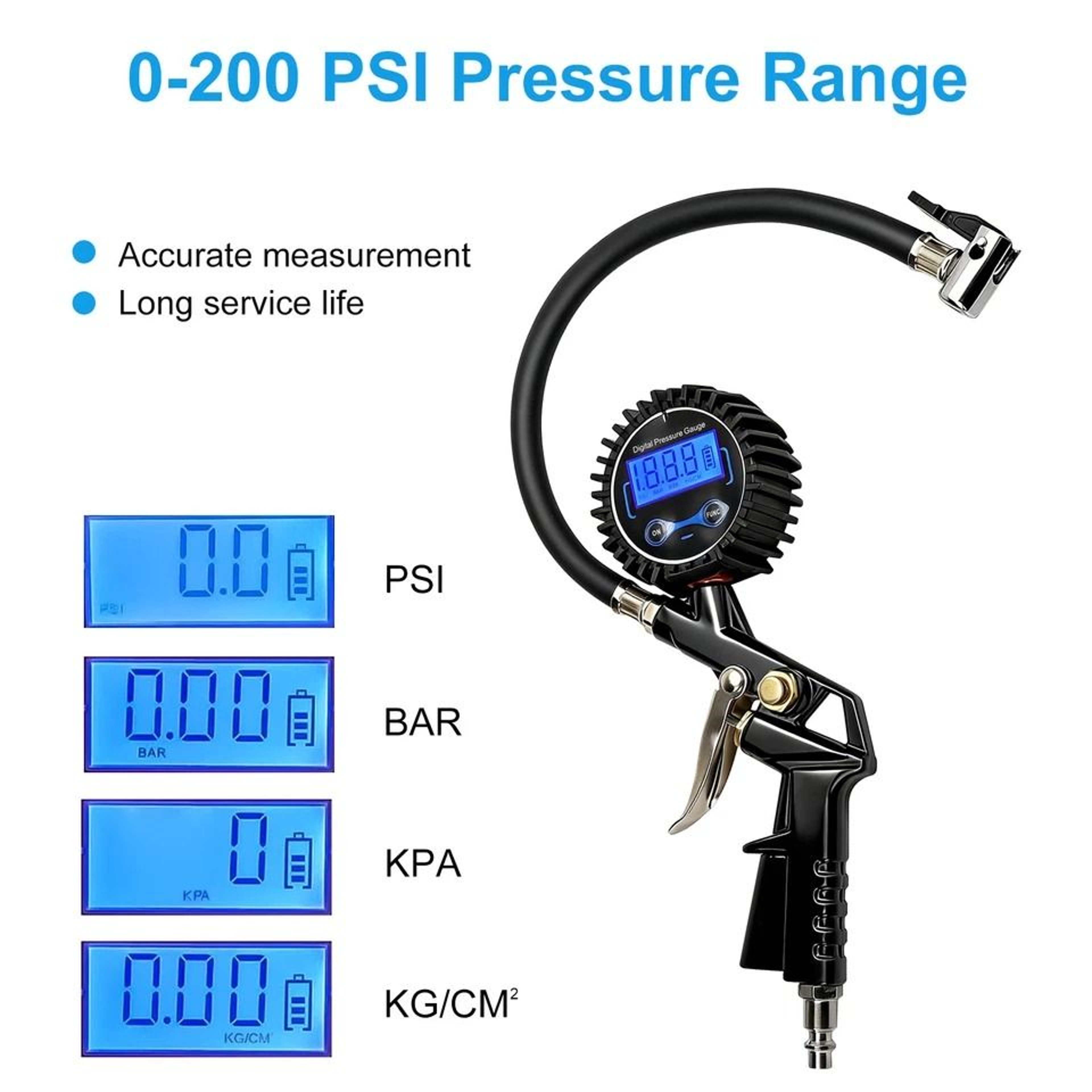 Digital Tire Air Inflator LCD Pressure Gauge PSI Quick Connect NPT Car Heavy Duty Rubber Hose 5