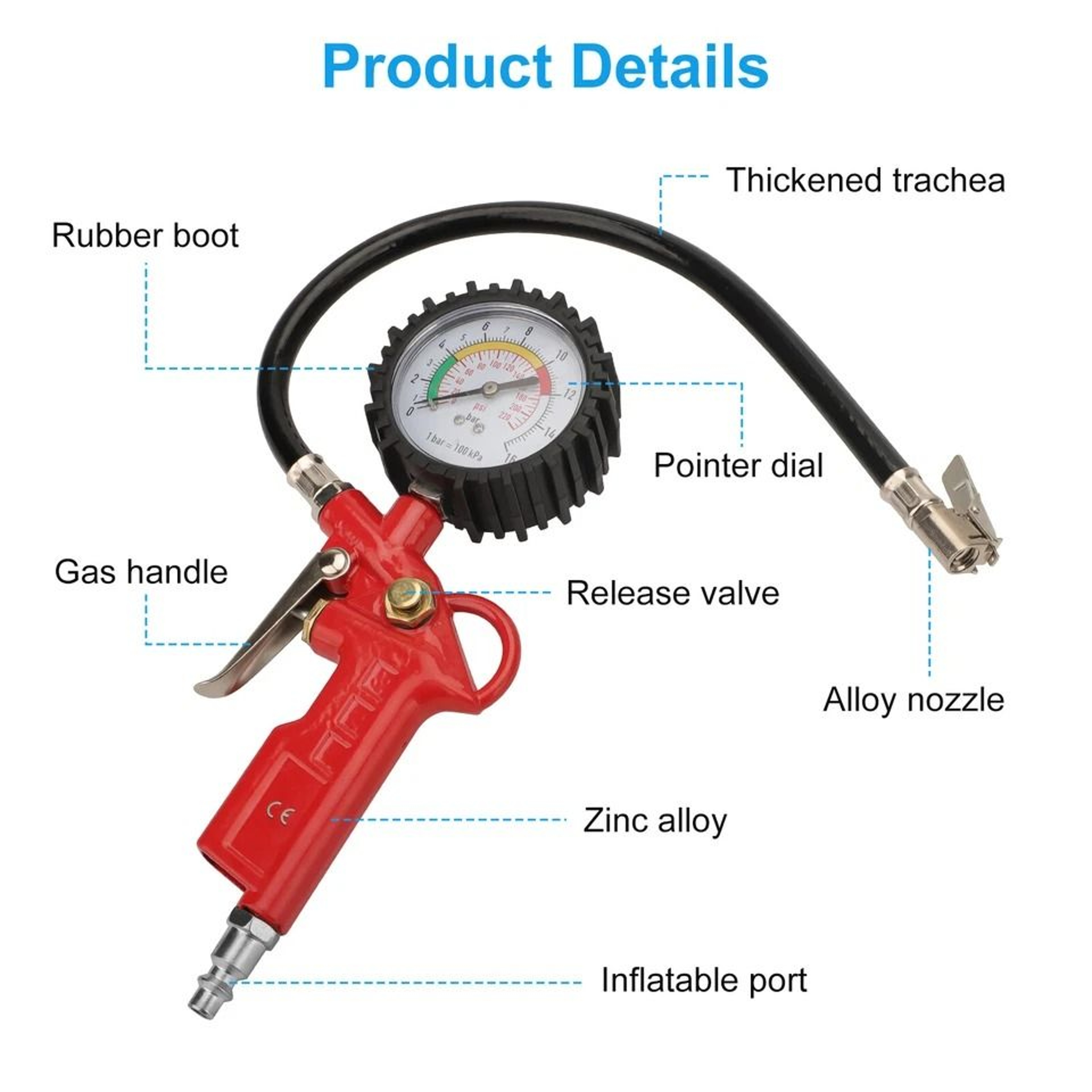 HeavyDuty Tire Inflator Gun PSI Gauge With NPT Flexible Hose Air Chuck 7
