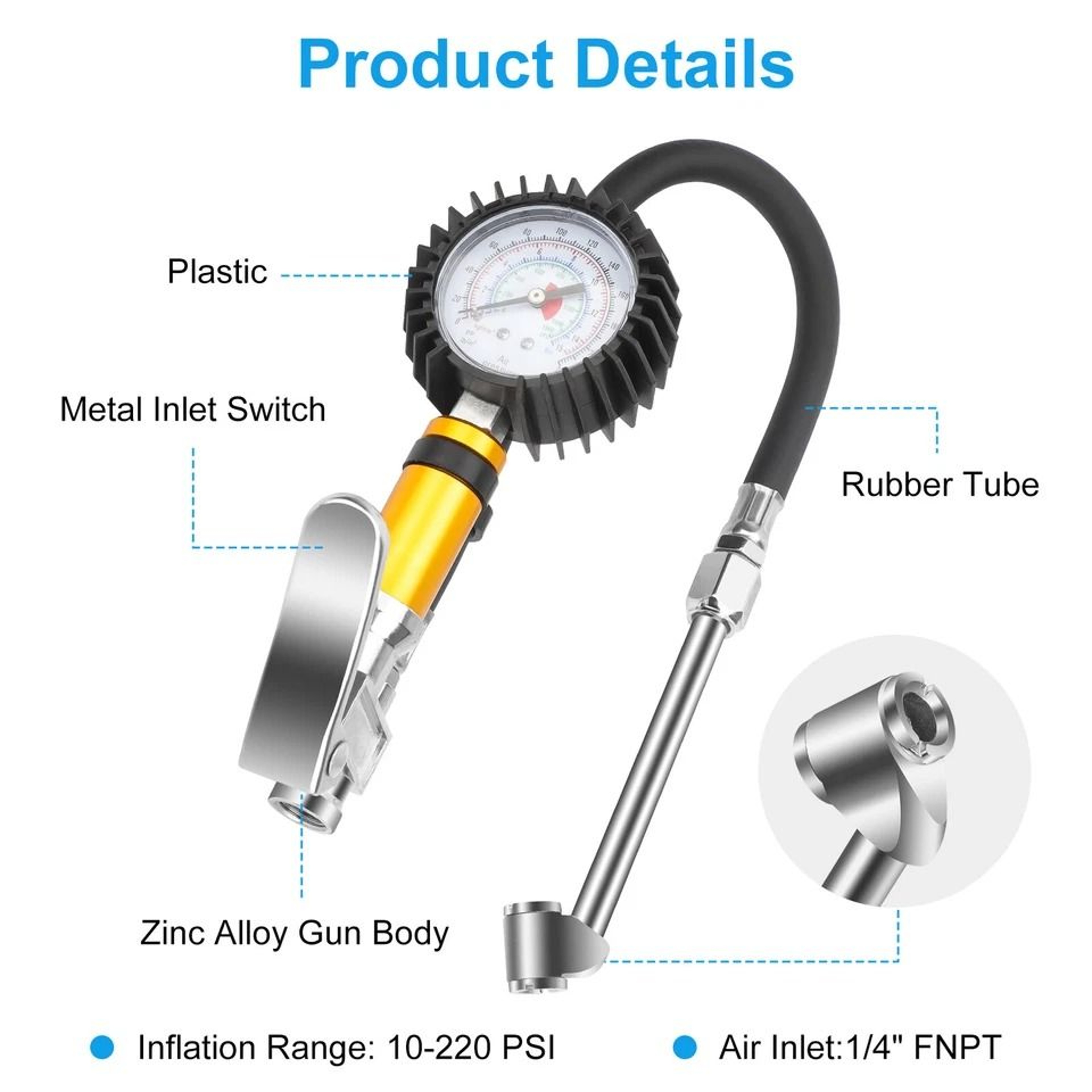 Mechanical Dial Tire Pressure Gauge With Inflator FNPT Air Tool For Vehicle Tire Maintenance 2