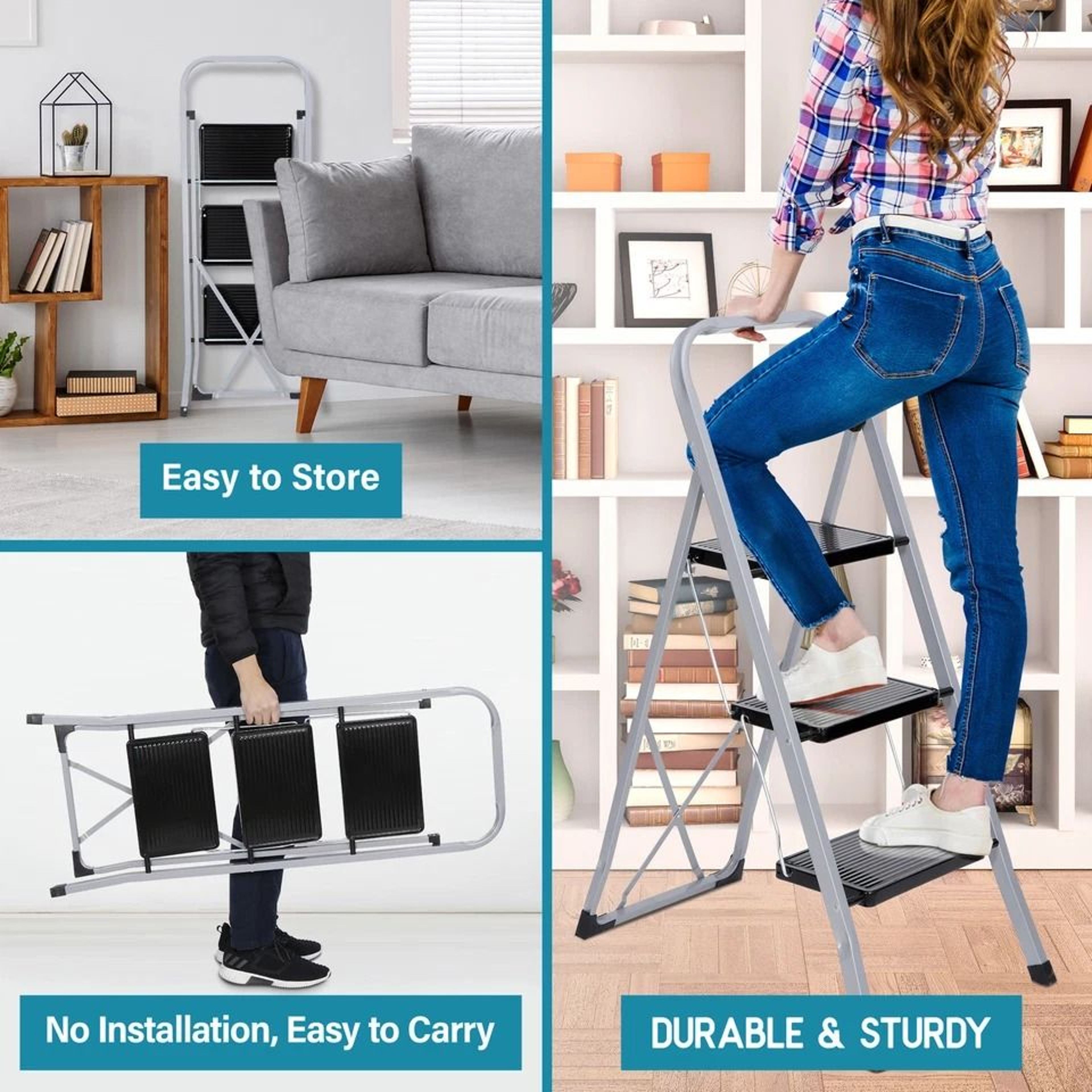 Folding Ladder Convenient Handgrip Portable Step Stool AntiSlip Pedal SpaceSaving Heavy Duty Design 10