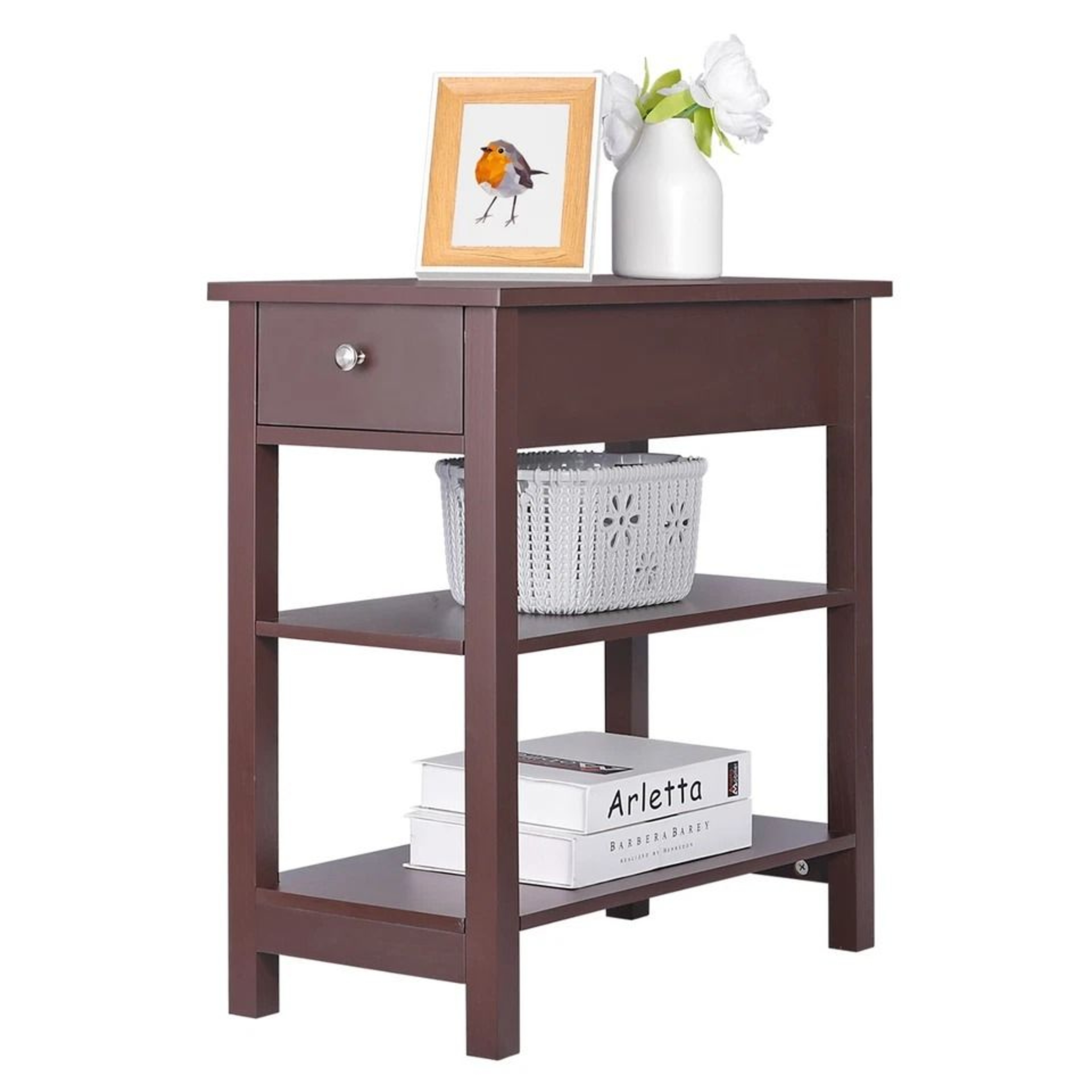 Narrow End Table Tier Side Table With Drawer And Shelf Brown MDF Pine Wood Ideal For Living Room Or 1