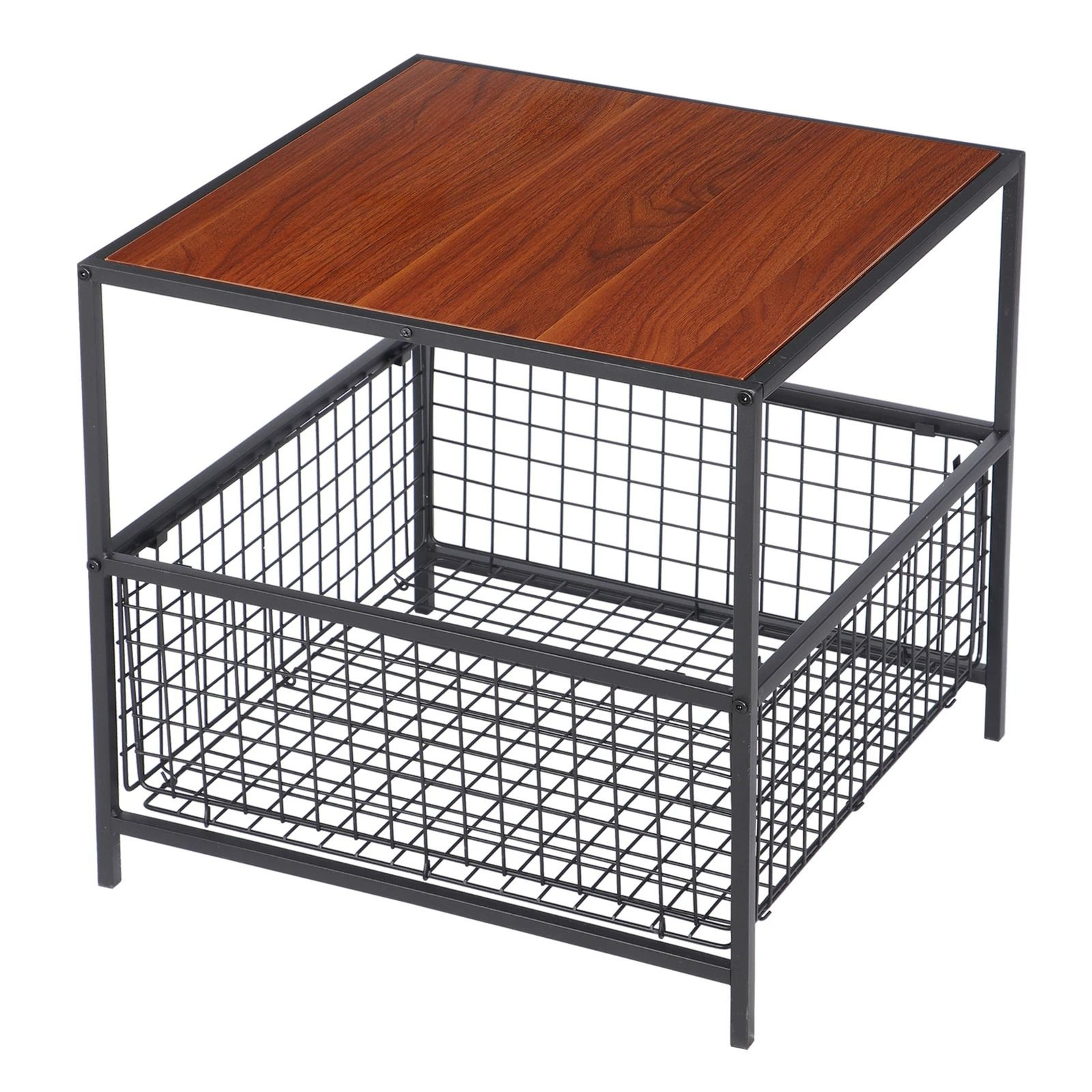 Red Mahogany Side Table With Storage Basket Coffee Table With Metal Frame Multifunctional End Table 4