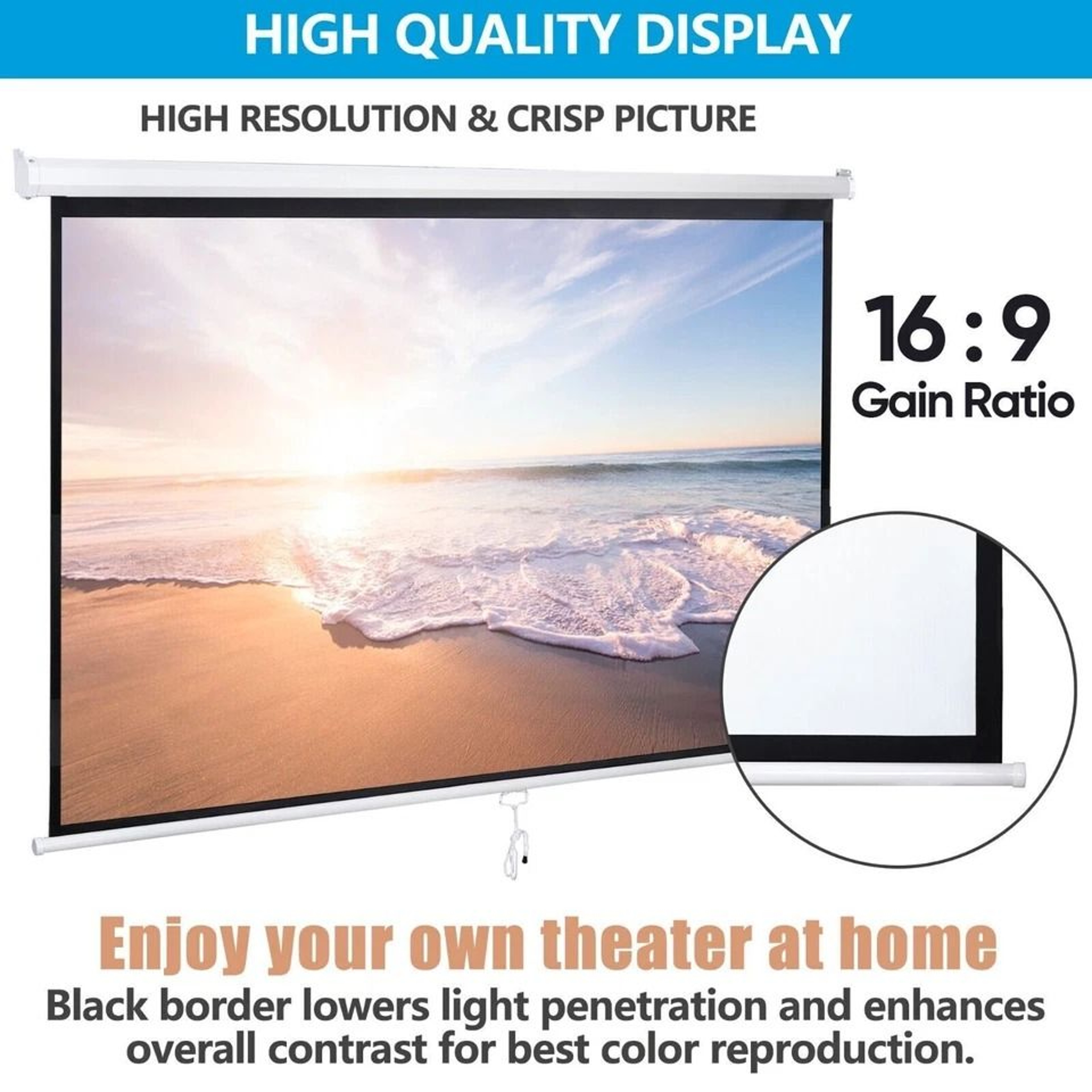 HD Manual Pull Down Projection Screen Portable Projector Screen Movie Screen Aspect Ratio White 6