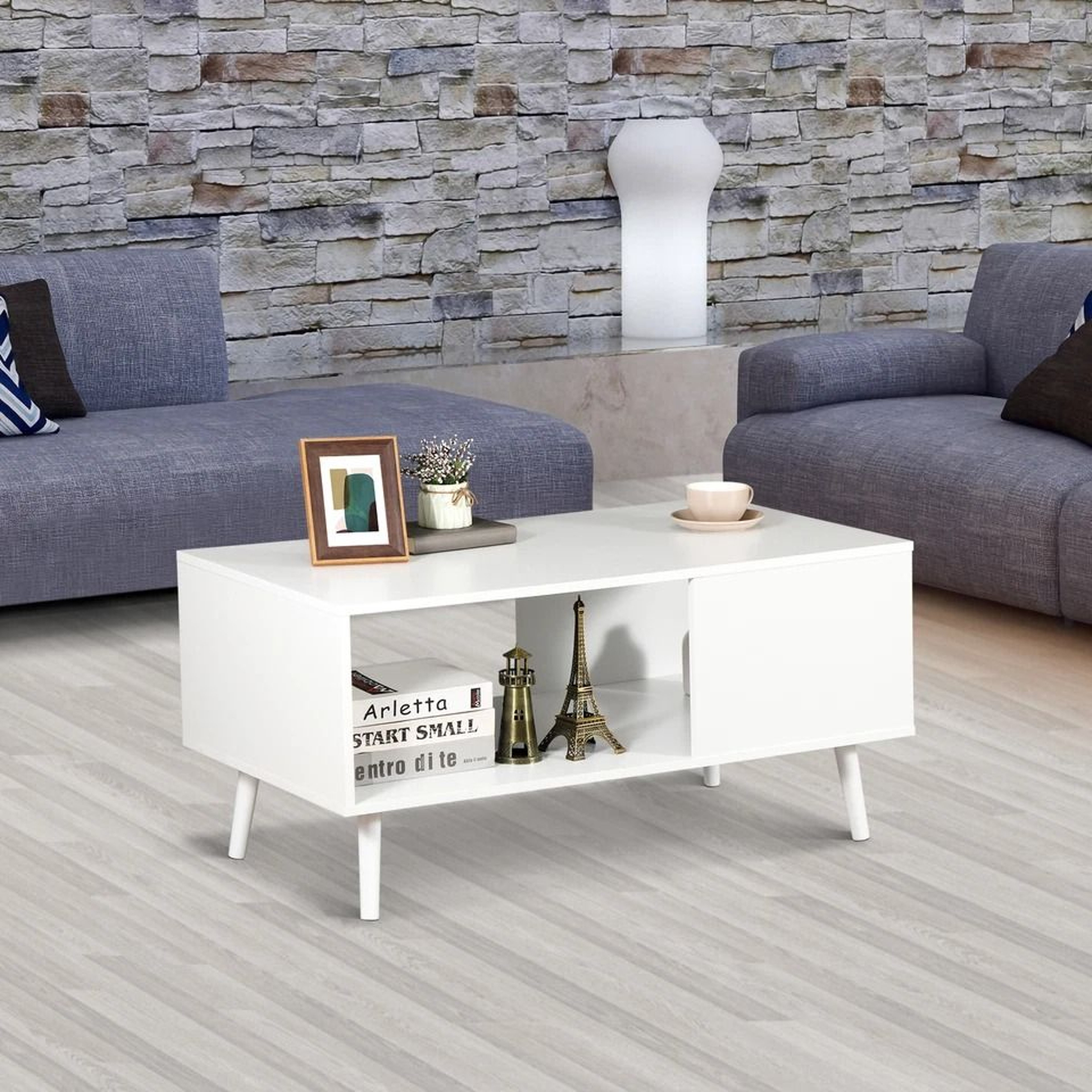 White Wooden Retro Coffee Table Rectangular Open Storage Shelf Large Storage Space For Living Room 0