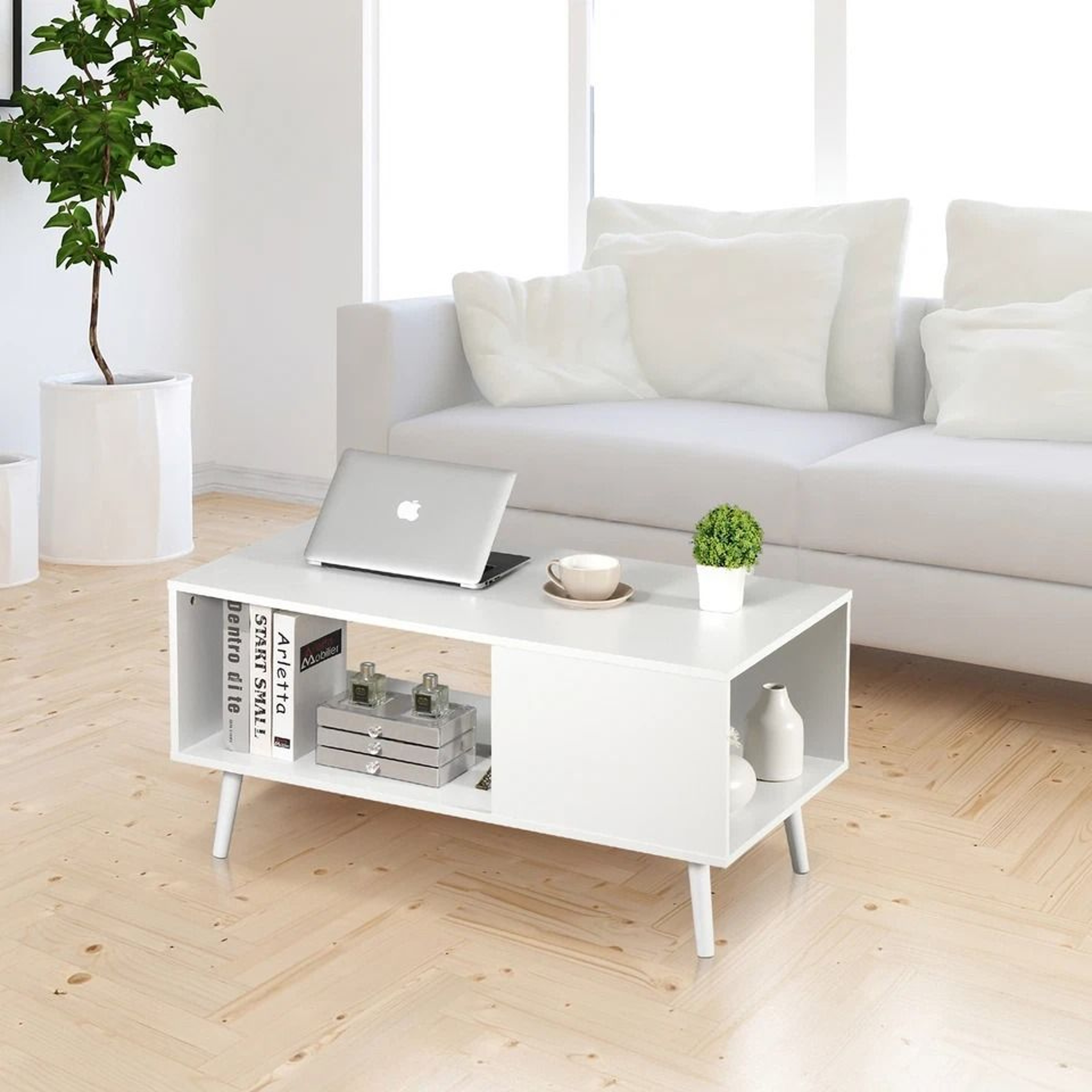 White Wooden Retro Coffee Table Rectangular Open Storage Shelf Large Storage Space For Living Room 3