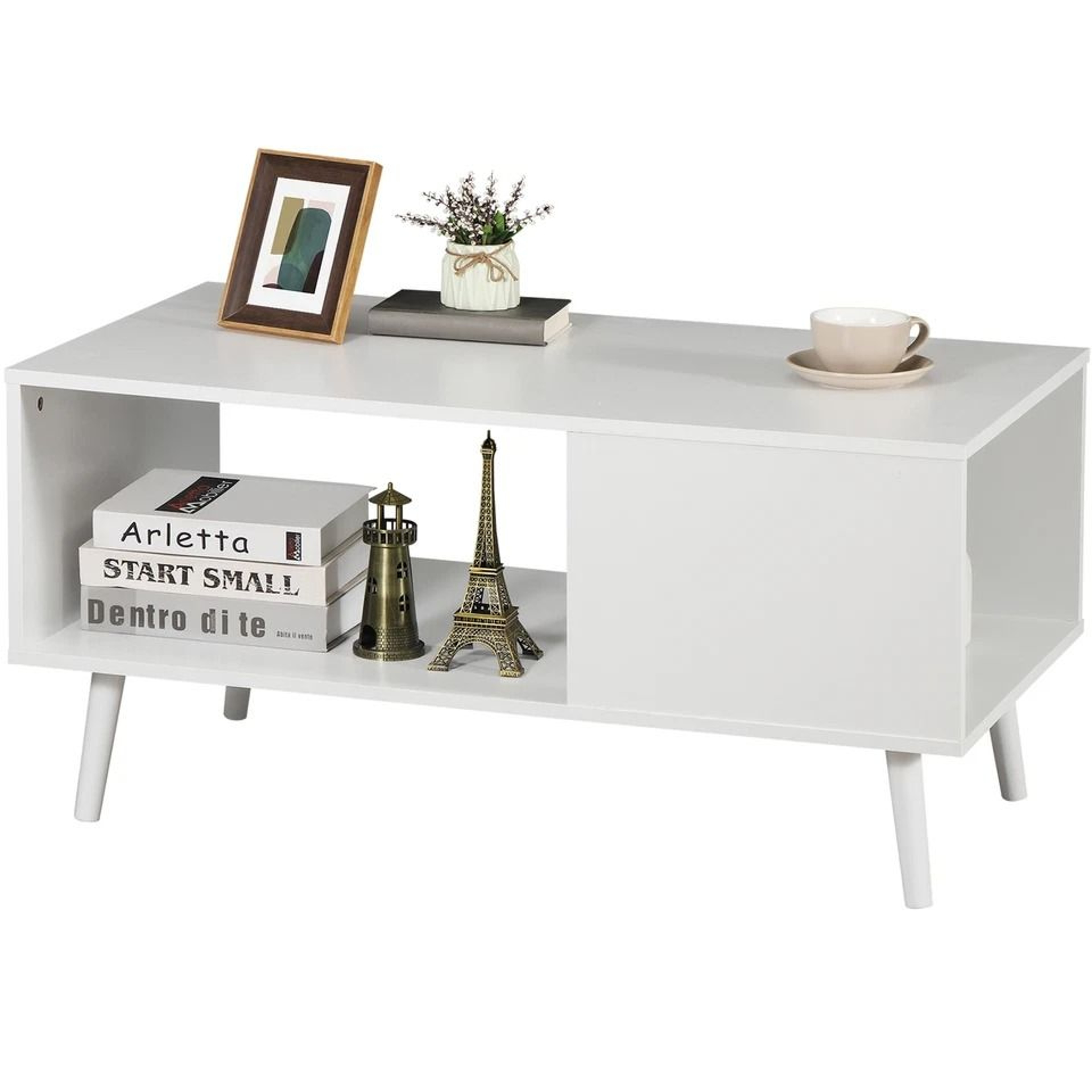 White Wooden Retro Coffee Table Rectangular Open Storage Shelf Large Storage Space For Living Room 6