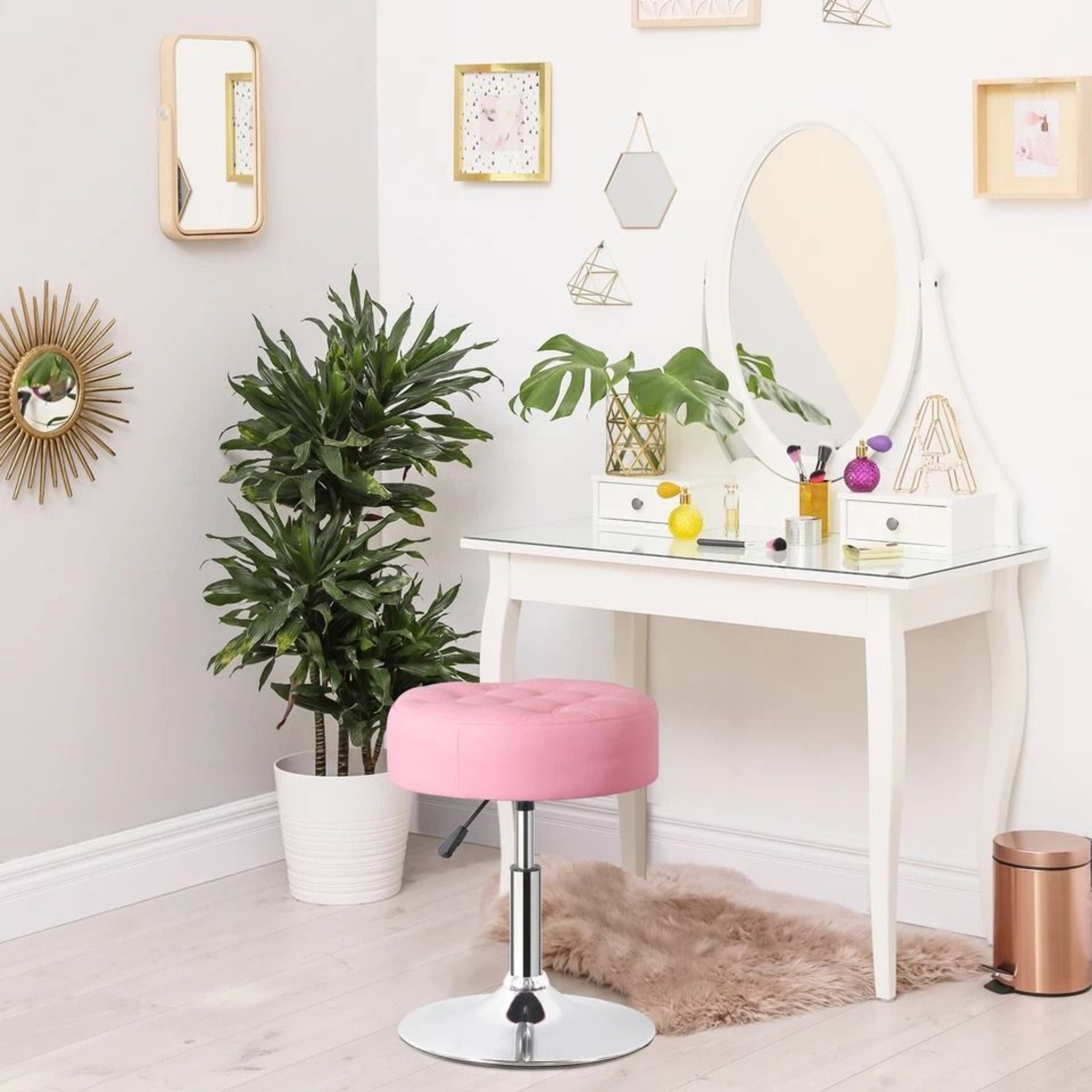 Pink Swivel Vanity Stool Adjustable PU Leather Makeup Chair Comfortable Ottoman For Bedroom Modern  3