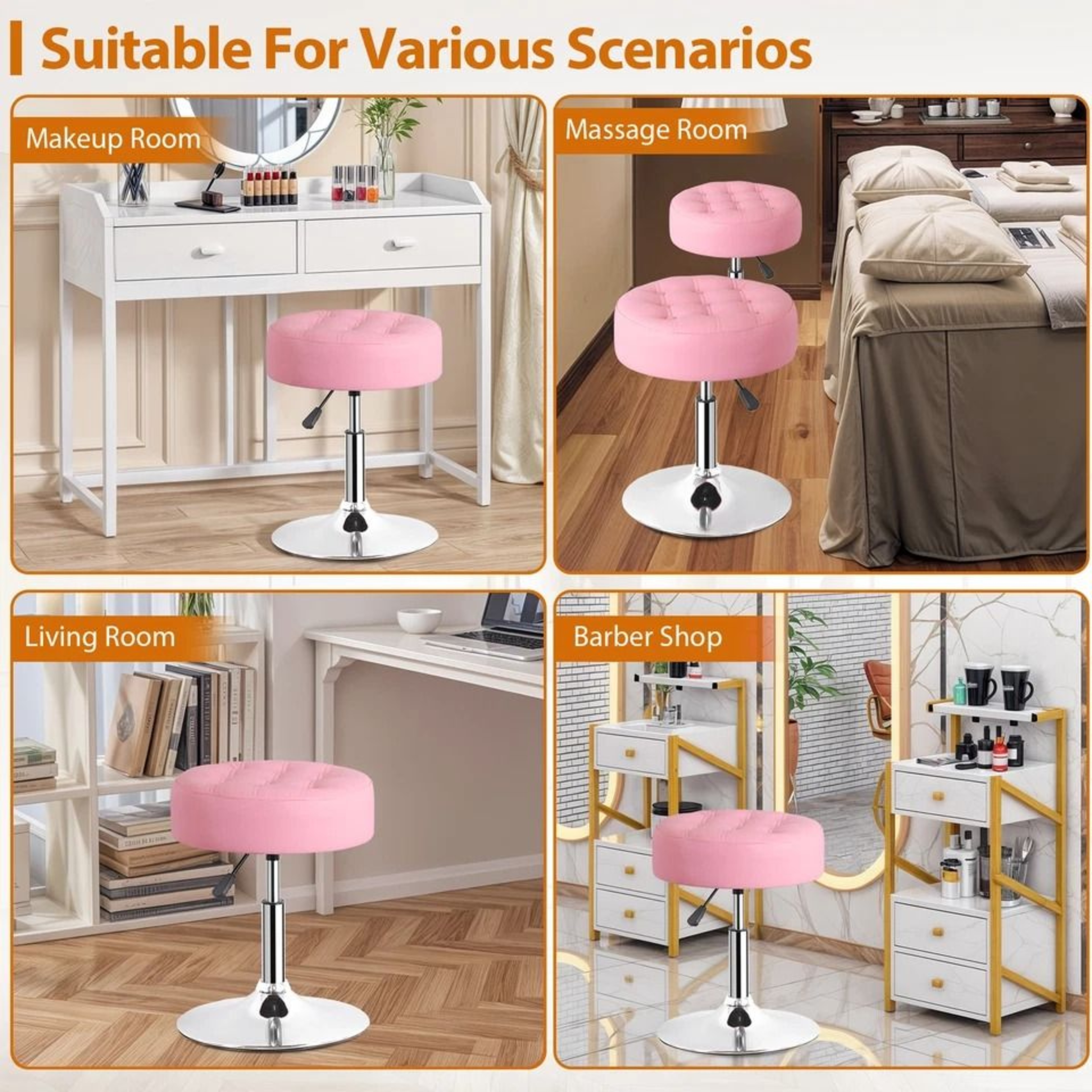 Pink Swivel Vanity Stool Adjustable PU Leather Makeup Chair Comfortable Ottoman For Bedroom Modern  6