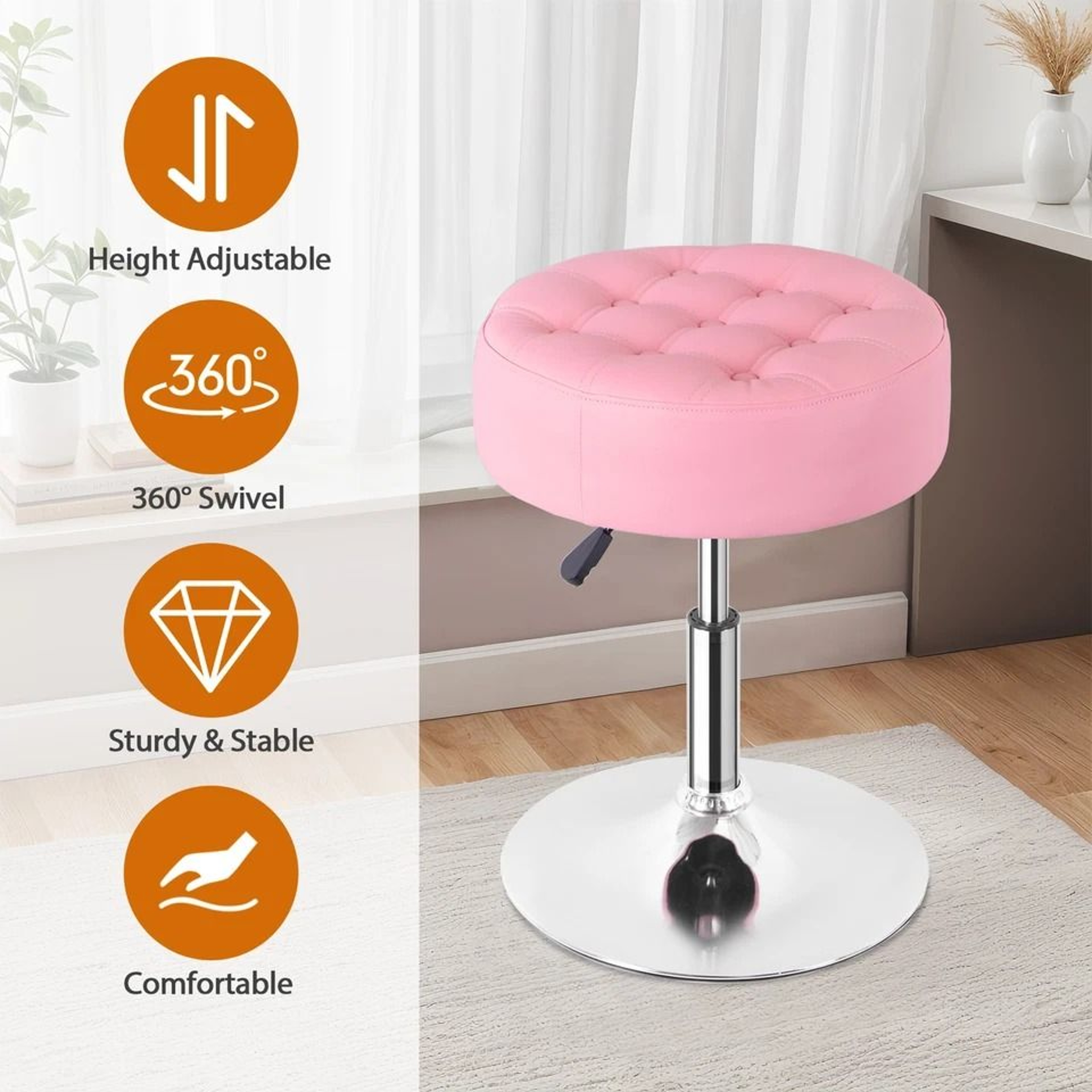 Pink Swivel Vanity Stool Adjustable PU Leather Makeup Chair Comfortable Ottoman For Bedroom Modern  7