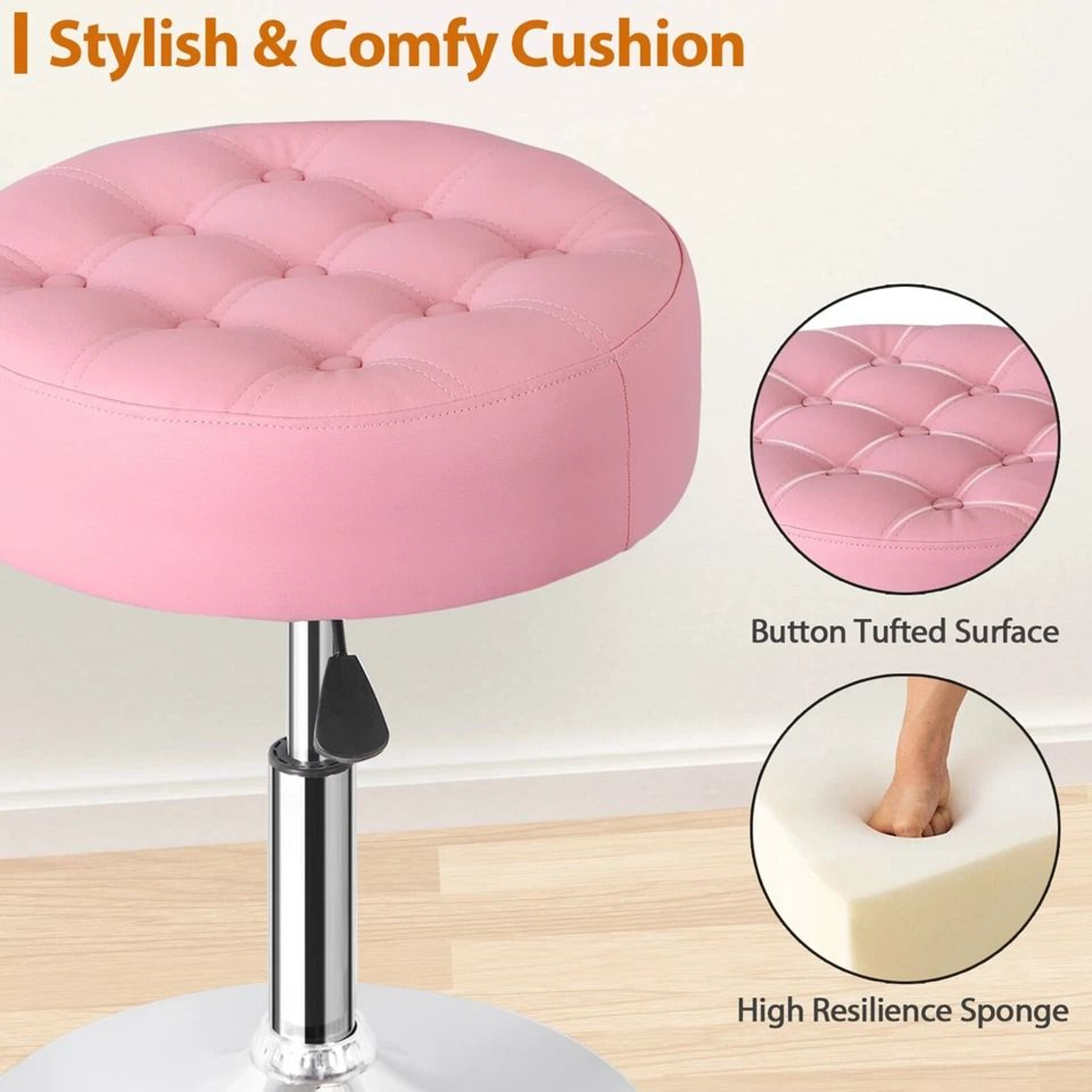 Pink Swivel Vanity Stool Adjustable PU Leather Makeup Chair Comfortable Ottoman For Bedroom Modern  8