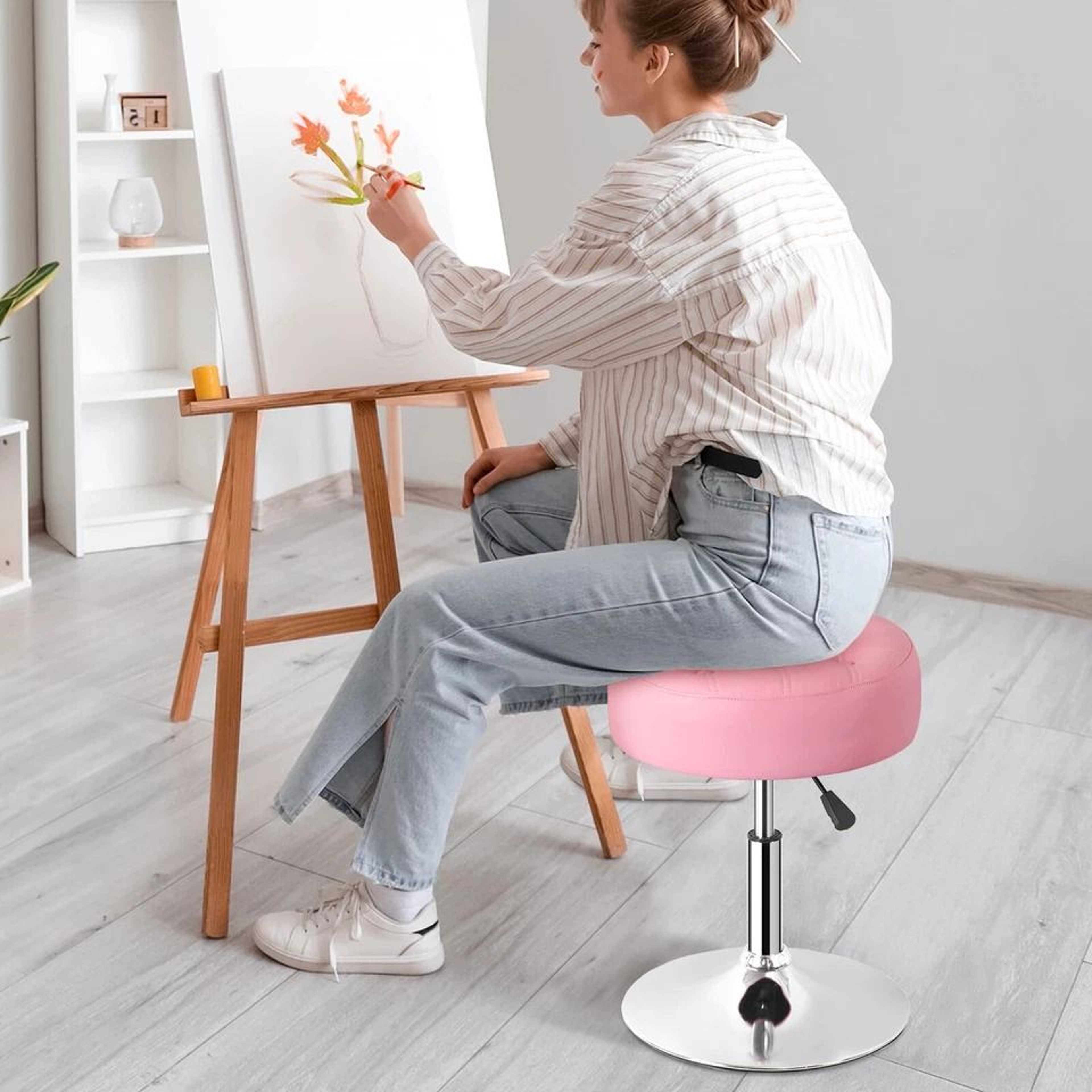 Pink Swivel Vanity Stool Adjustable PU Leather Makeup Chair Comfortable Ottoman For Bedroom Modern  2