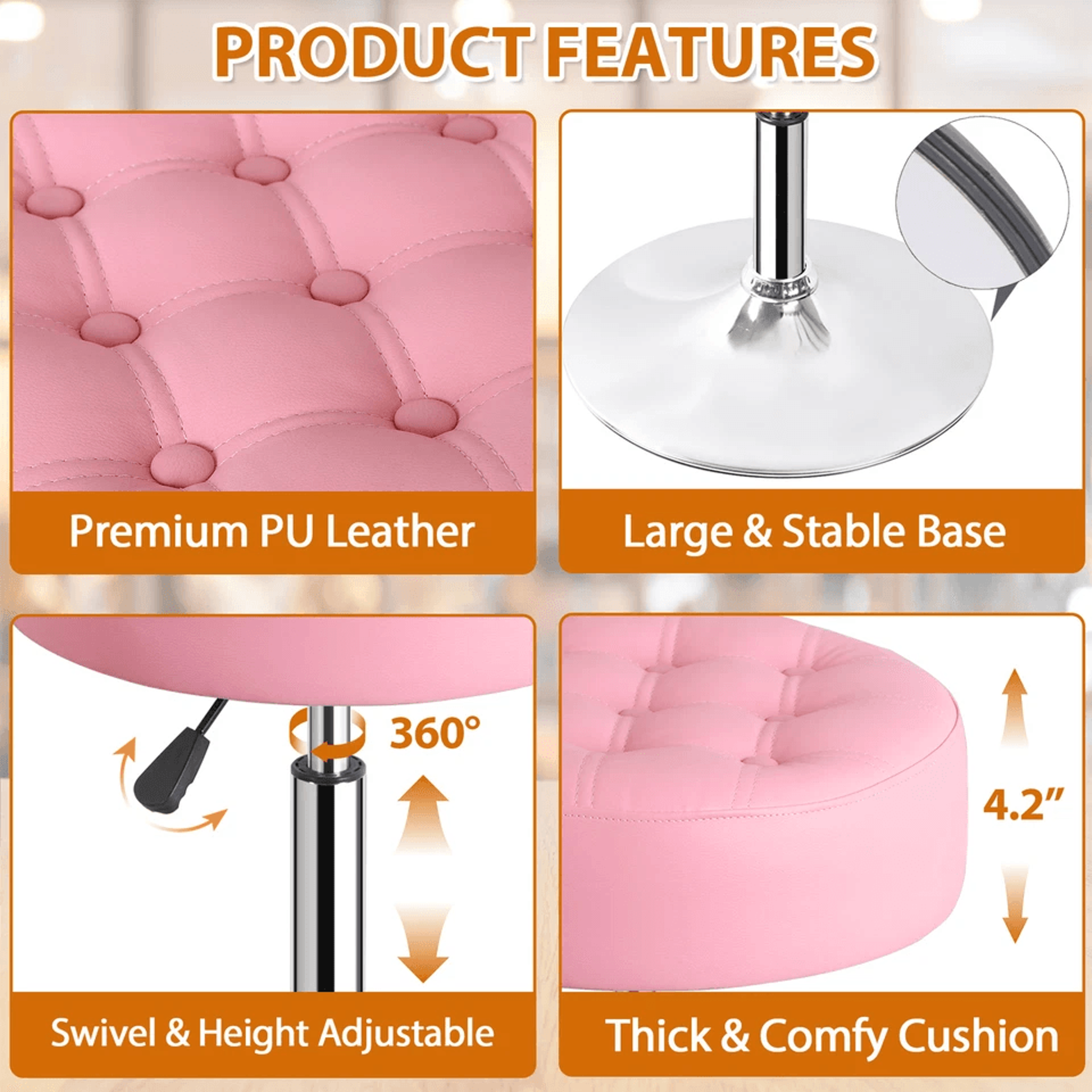 Pink Swivel Vanity Stool Adjustable PU Leather Makeup Chair Comfortable Ottoman For Bedroom Modern  13