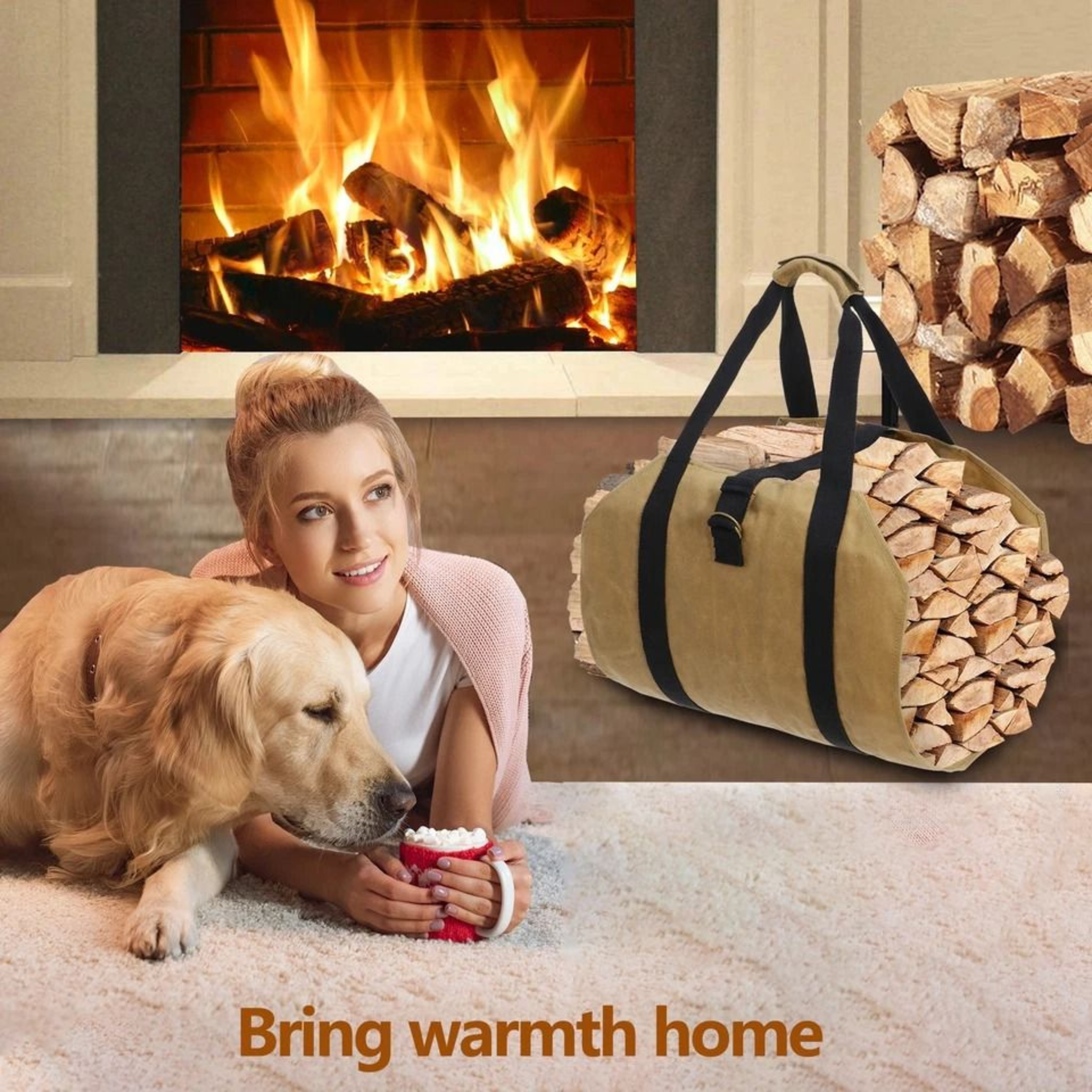 Firewood Carrier Wax Canvas Camp Logging Wood Bag For Fireplace Portable With Security Strap 2
