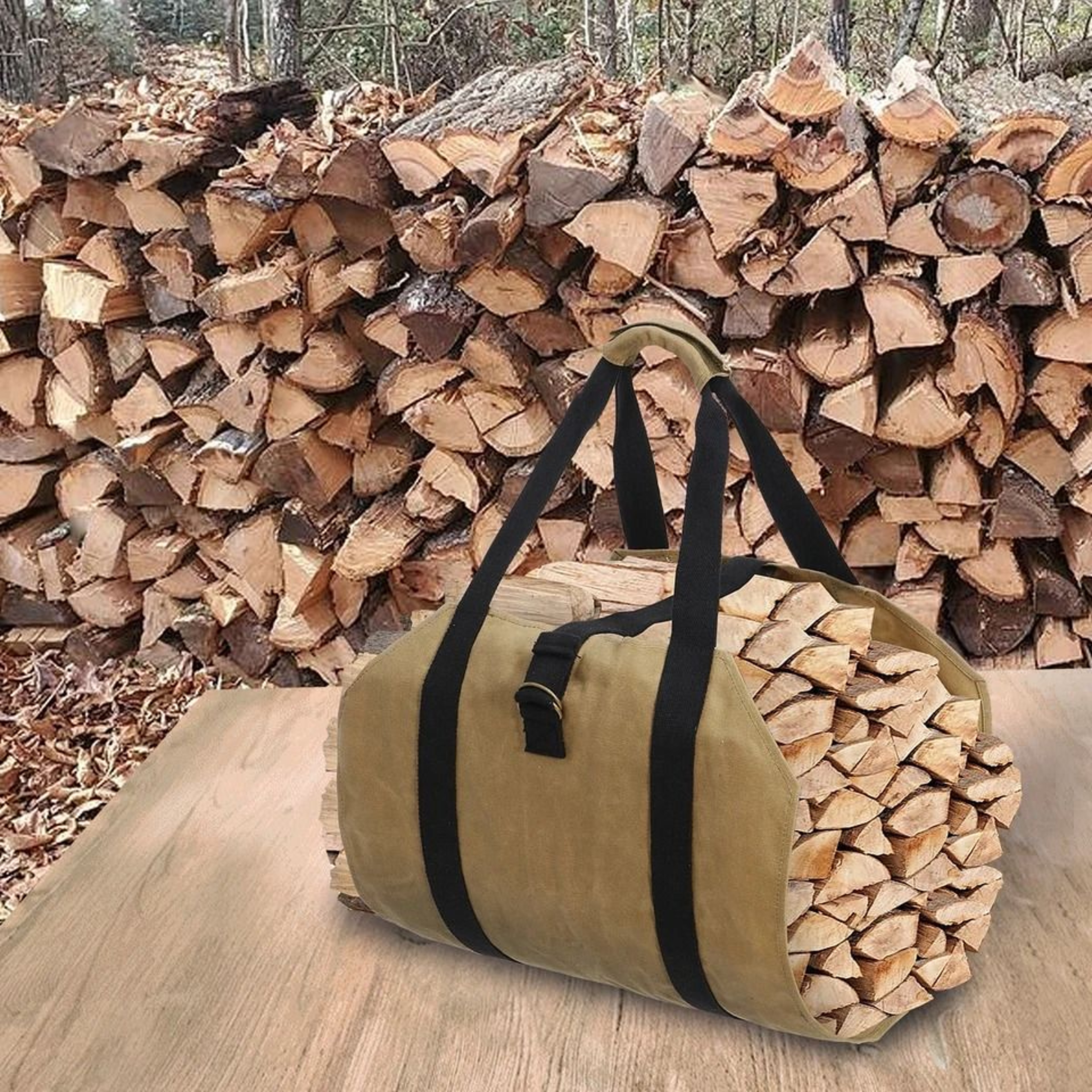 Firewood Carrier Wax Canvas Camp Logging Wood Bag For Fireplace Portable With Security Strap 0