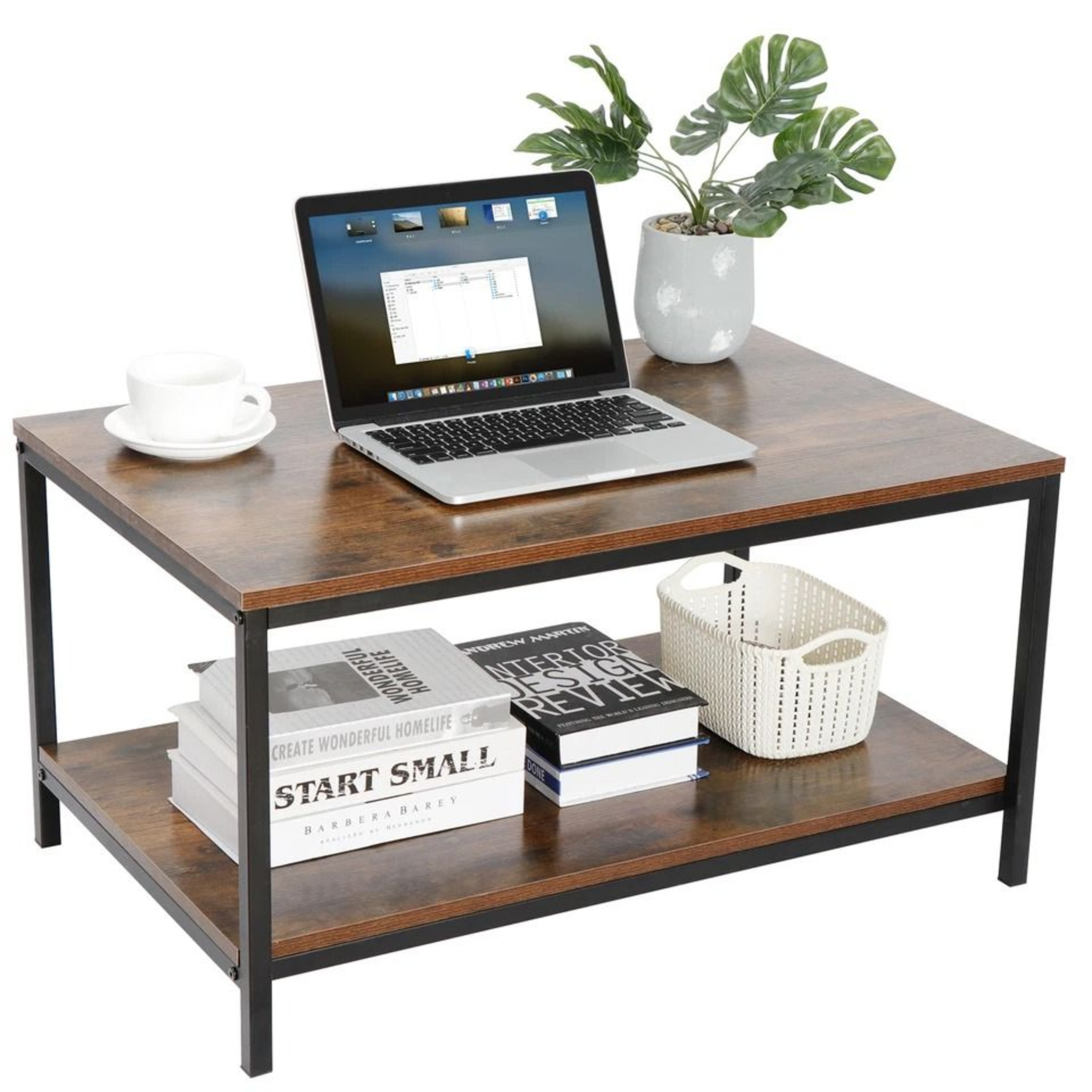Vintage Rustic Wood Coffee Table With Strong Frame Living Room Coffee Table With Mesh Shelf Dining  0