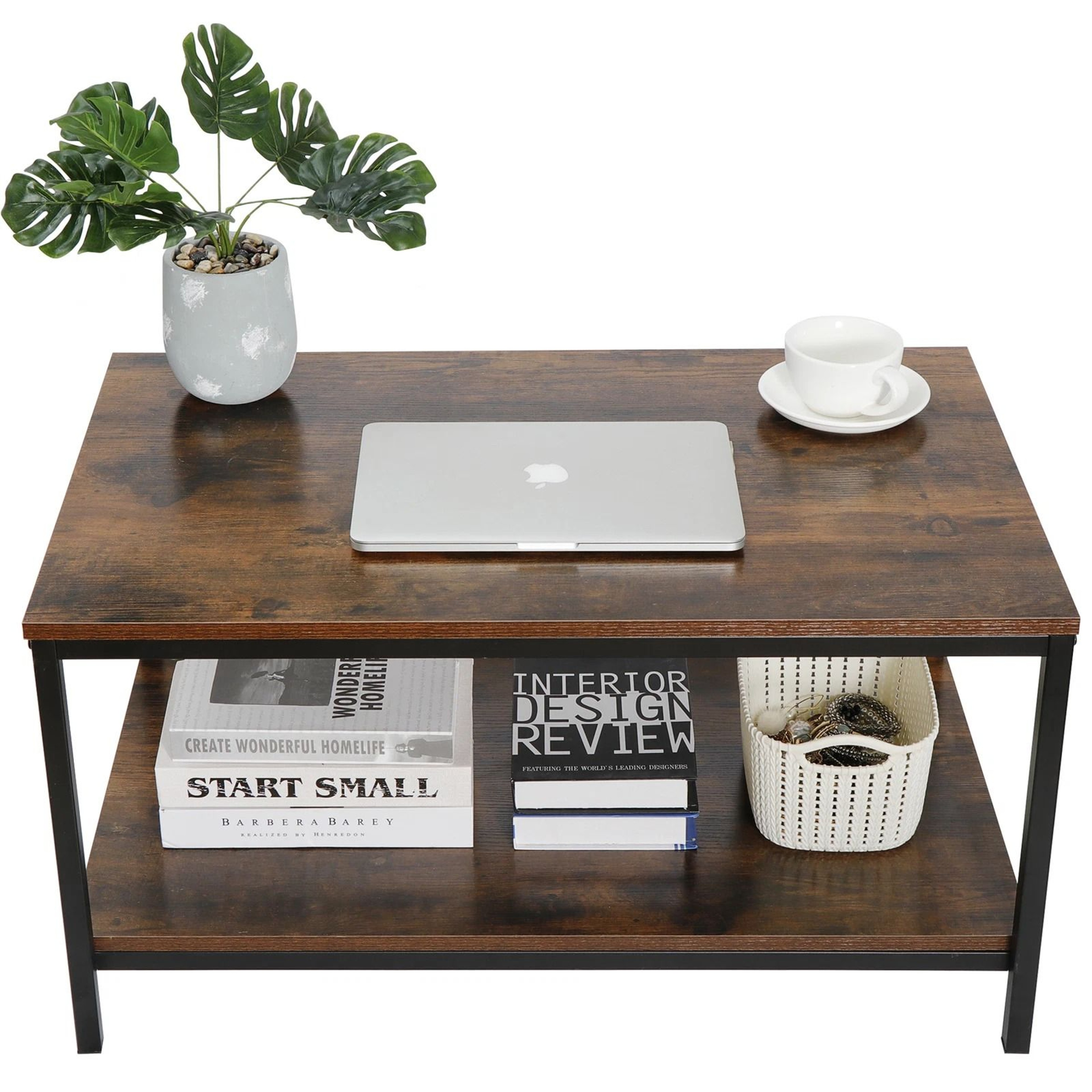 Vintage Rustic Wood Coffee Table With Strong Frame Living Room Coffee Table With Mesh Shelf Dining  7