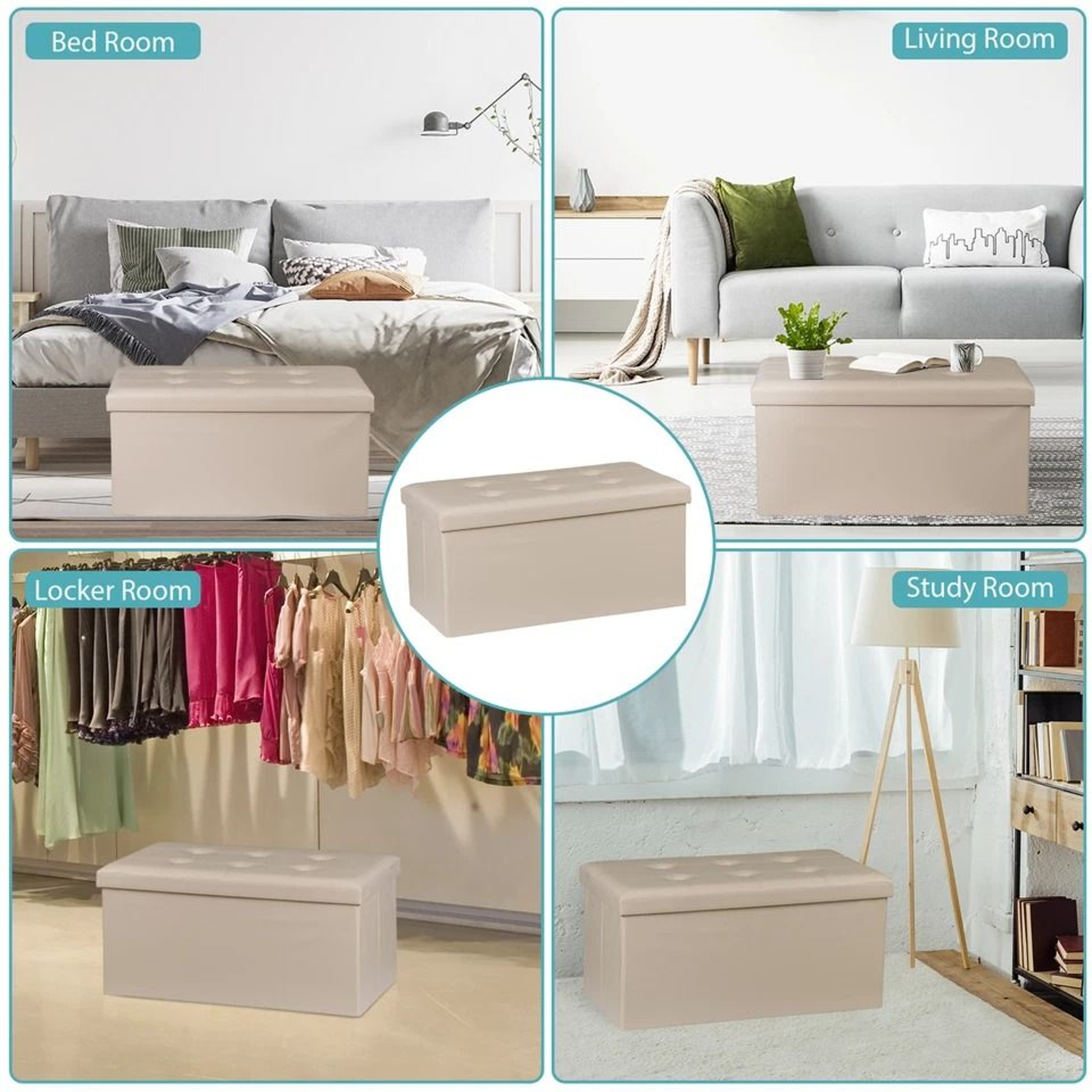 Beige Folding Storage Ottoman Leather Storage Bench For Bedroom Durable Seat  Storage Solution 5