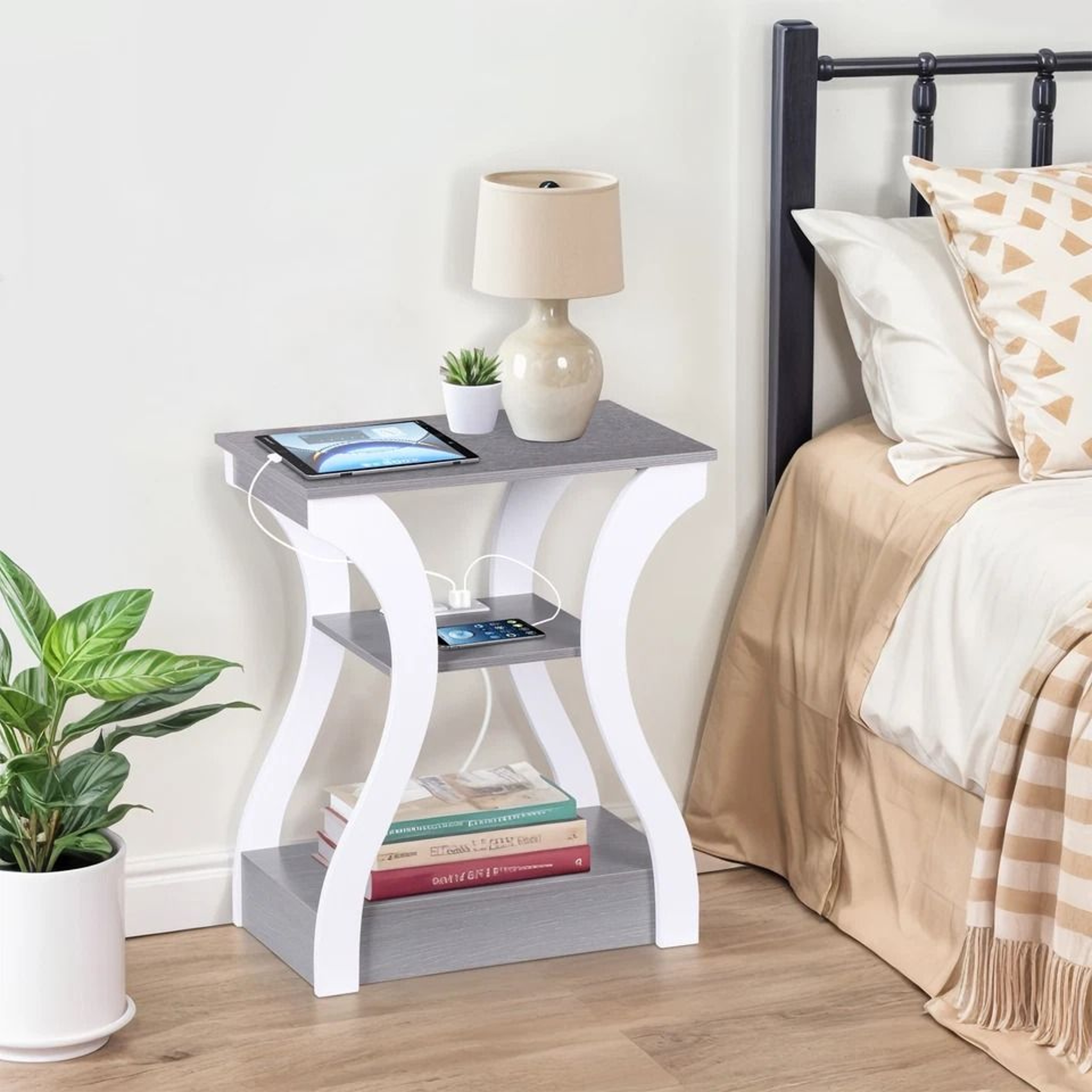 End Table With USB Ports Side Table With Outlets Gray Tier Storage Charging Station For Bedroom 4