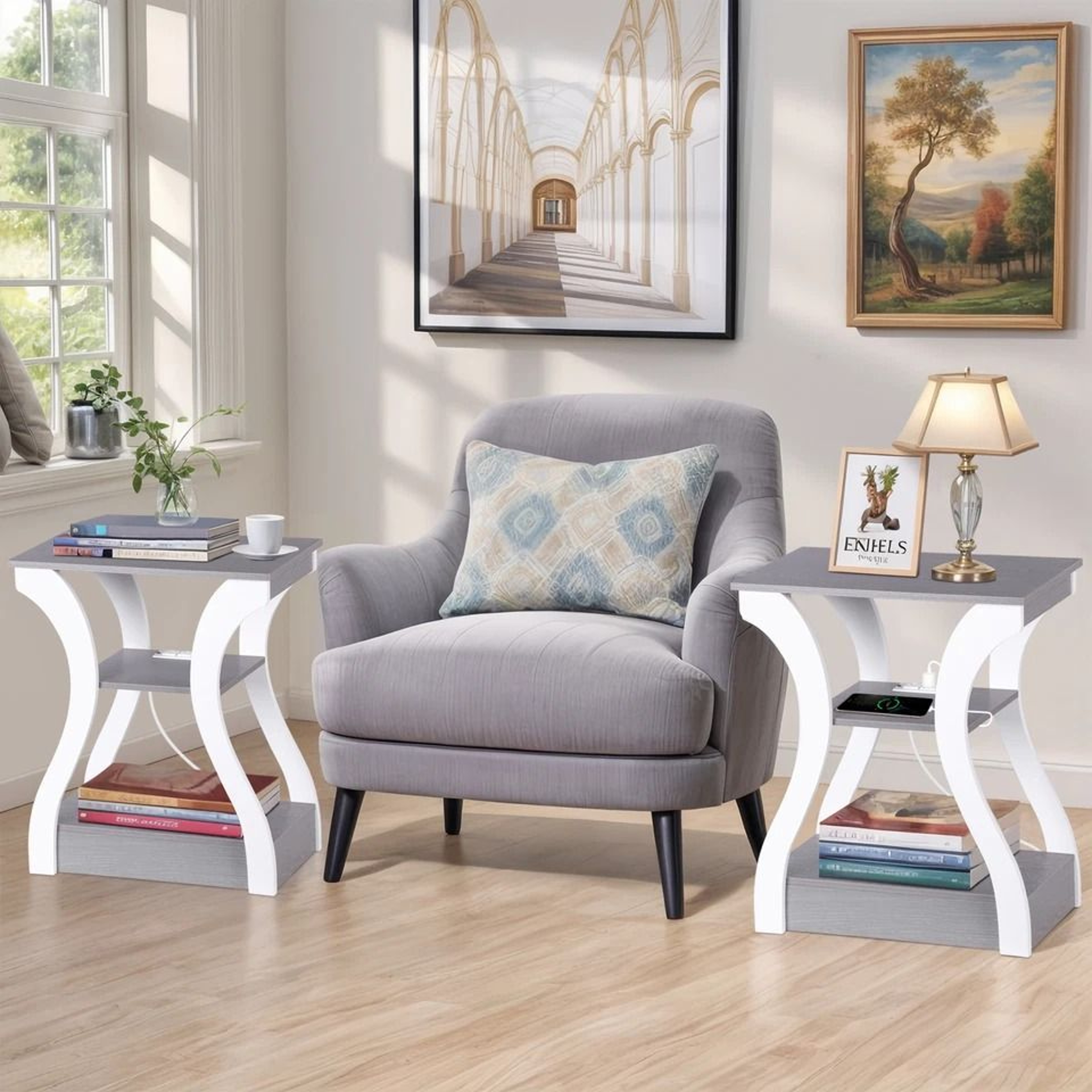 End Table With USB Ports Side Table With Outlets Gray Tier Storage Charging Station For Bedroom 5
