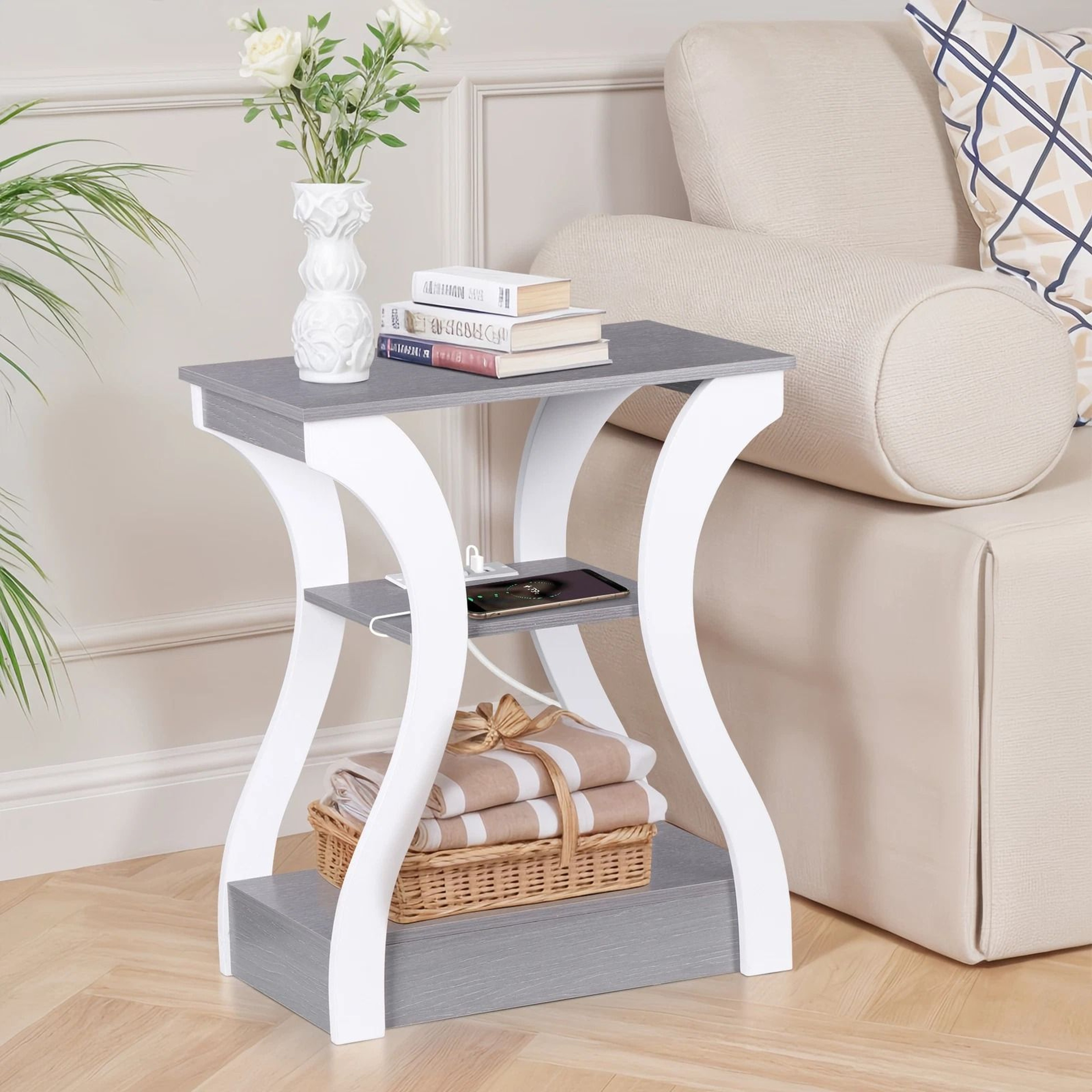 End Table With USB Ports Side Table With Outlets Gray Tier Storage Charging Station For Bedroom 8