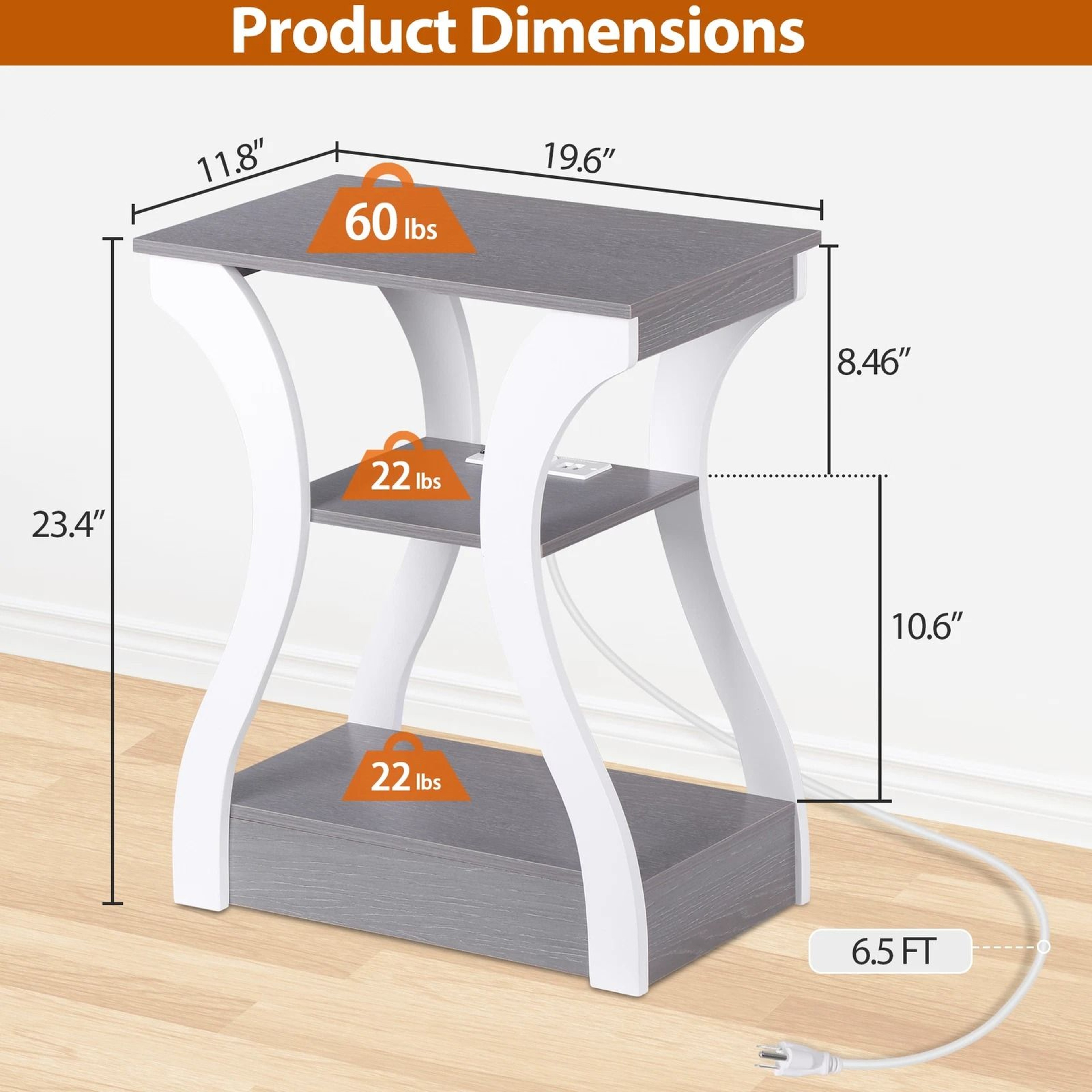 End Table With USB Ports Side Table With Outlets Gray Tier Storage Charging Station For Bedroom 9