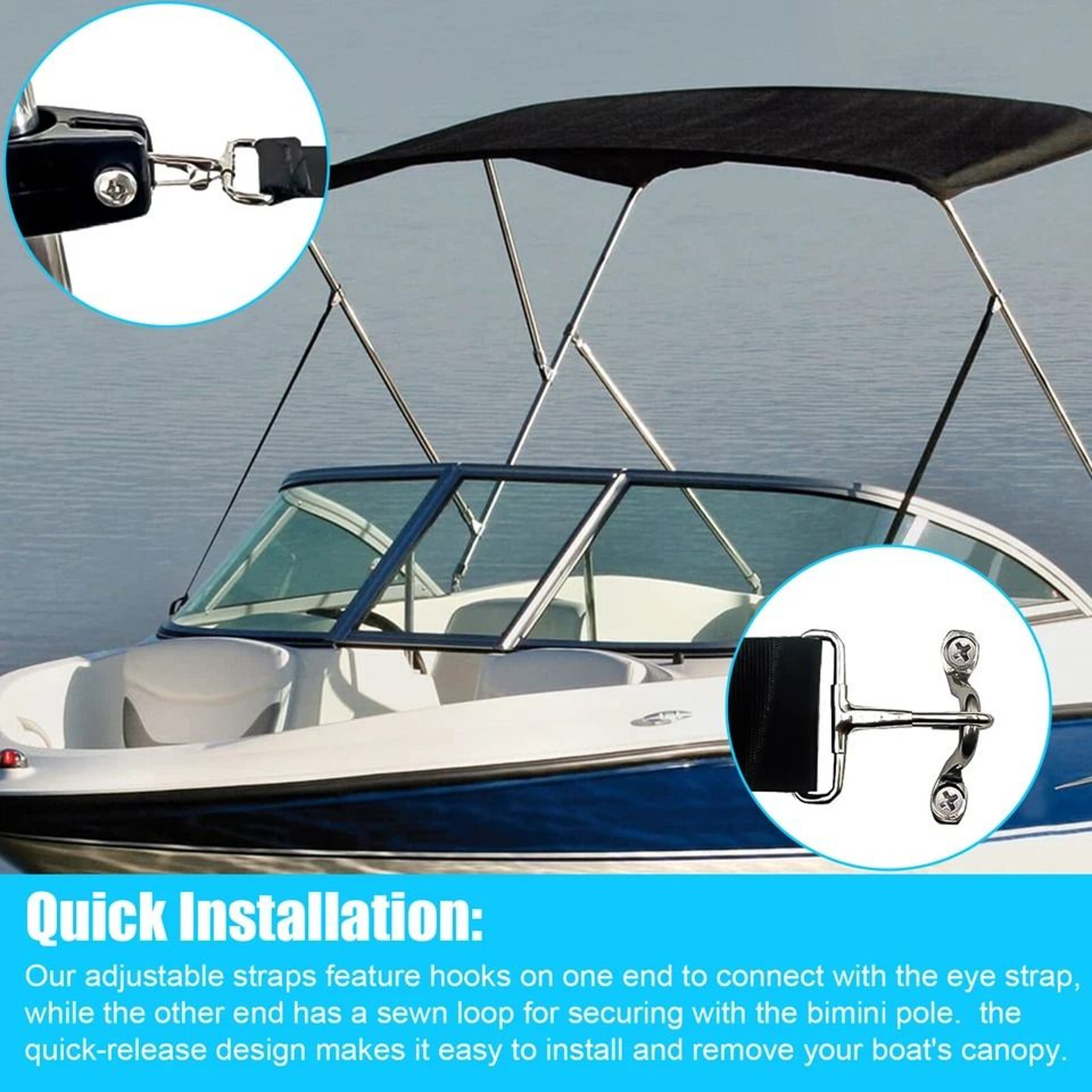 Adjustable Bimini Top Straps With Loop Tie Down Webbing Snap Hooks Marine Hardware 6