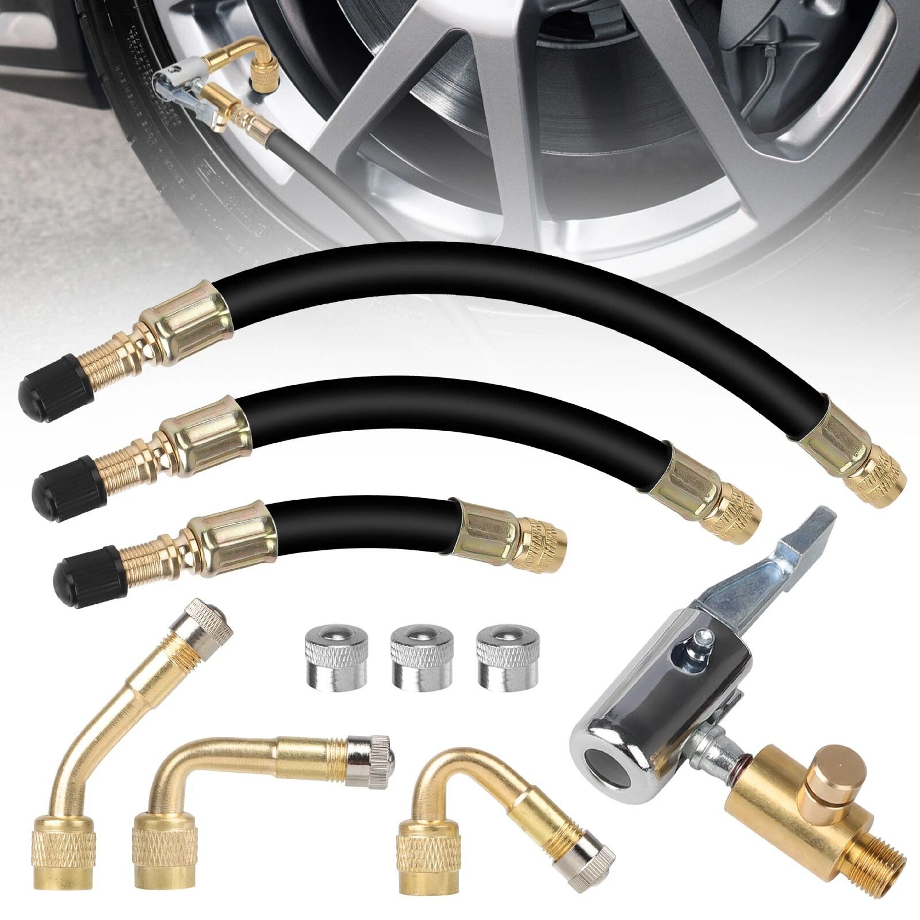 Tire Valve Extension Kit With Hose  Angles Schrader Valve Adapters For Car Bike RV Trailer 0
