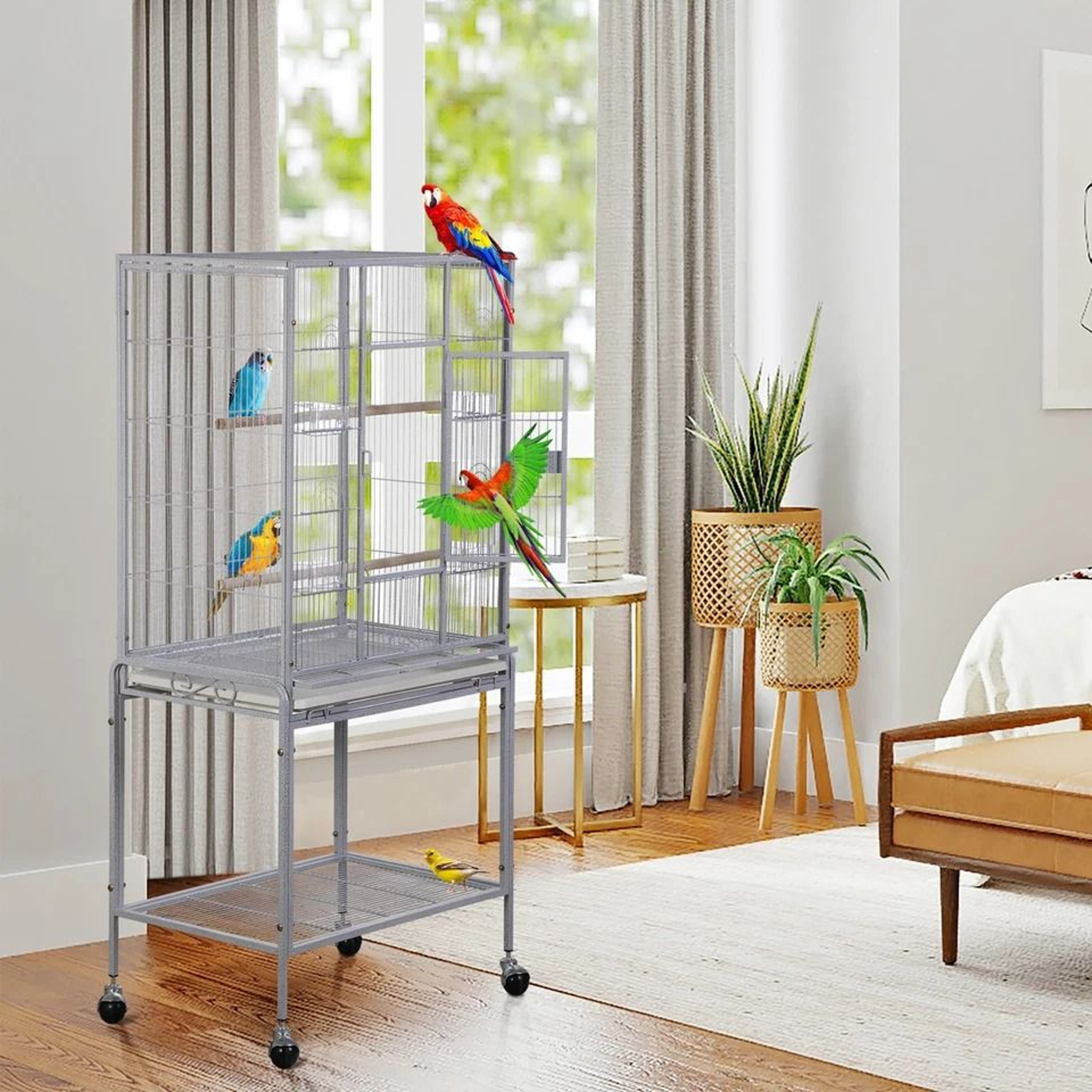Spacious Parrot Finch Macaw Cage With Feeding Bowls Rollable Stand Removable Tray And Sturdy Metal