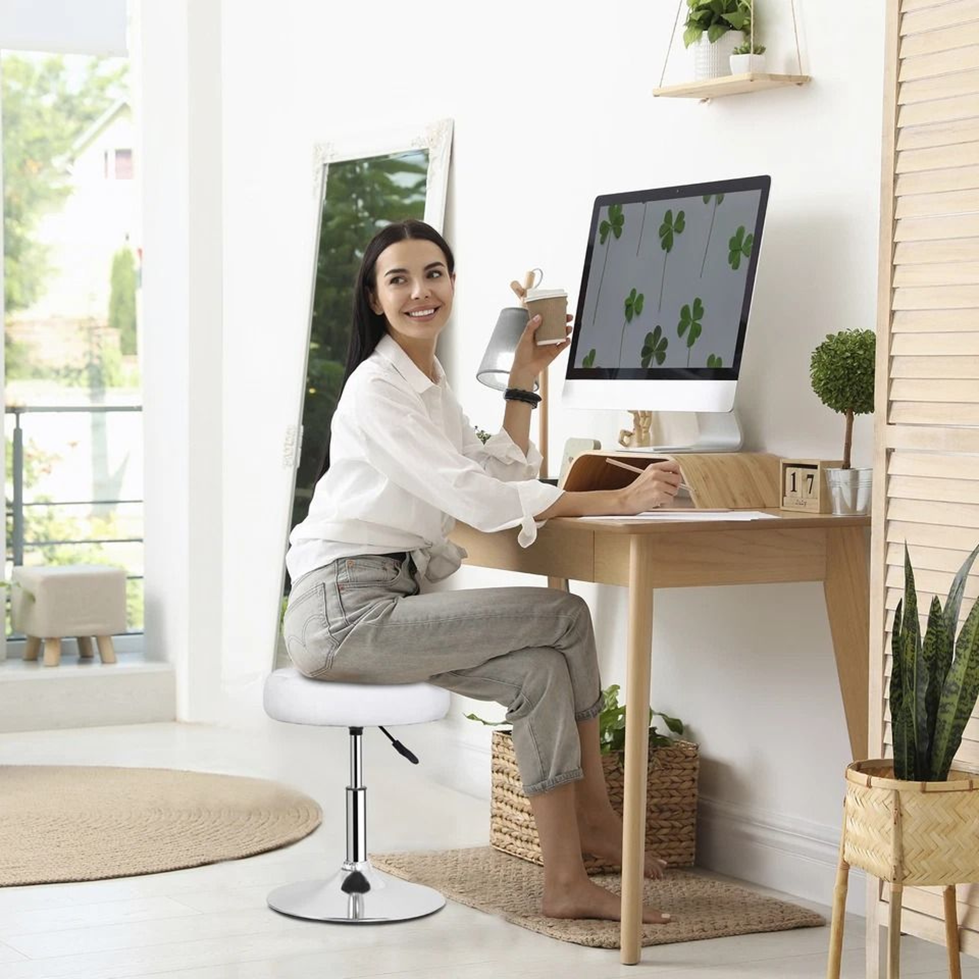 Vanity Stool Adjustable Height Swivel PU Leather Ottoman Chair Makeup Stool For Bedroom Office And  3