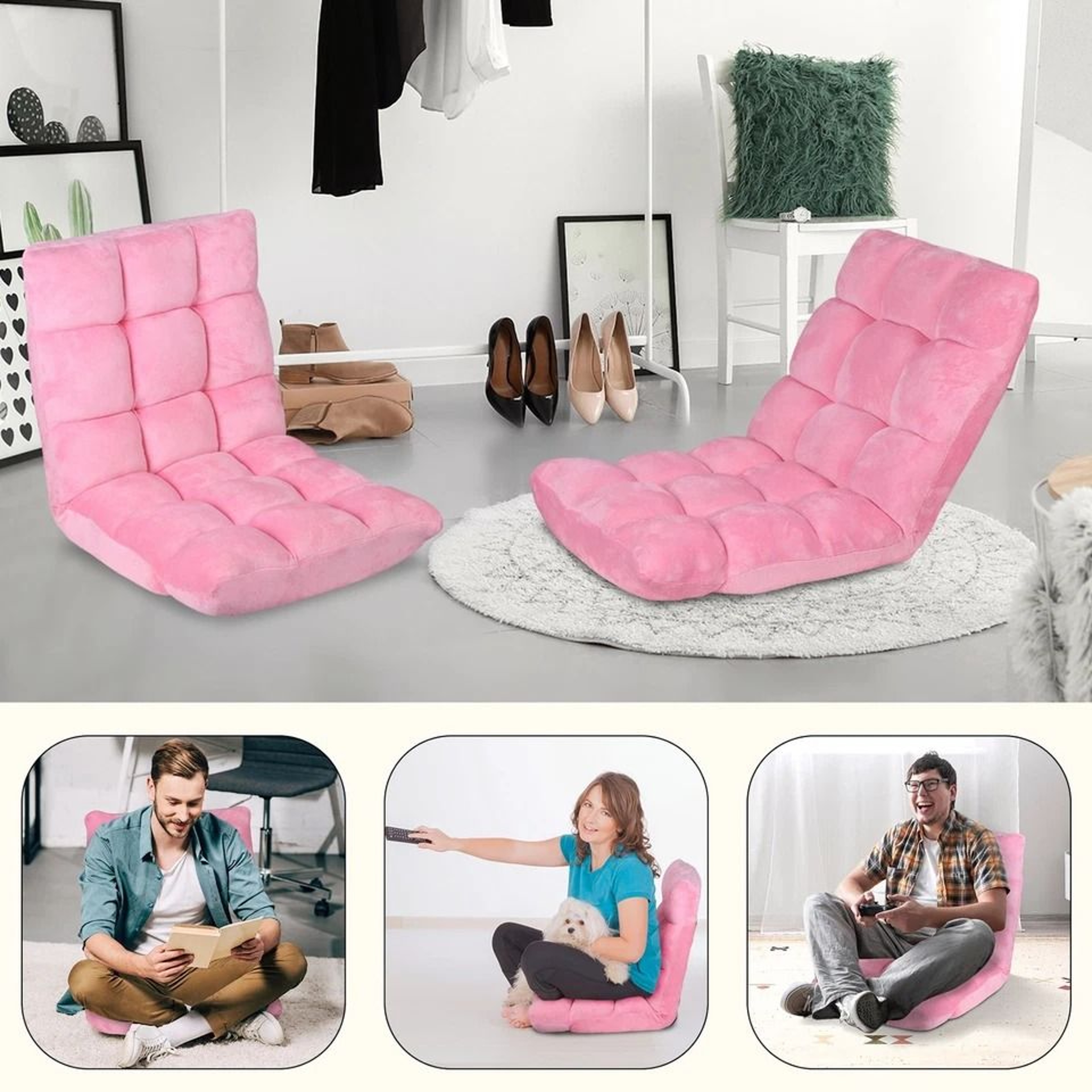 Adjustable Folding Floor Chair Sofa Lounger Bed Pink Recliner Lazy Seat Indoor 5