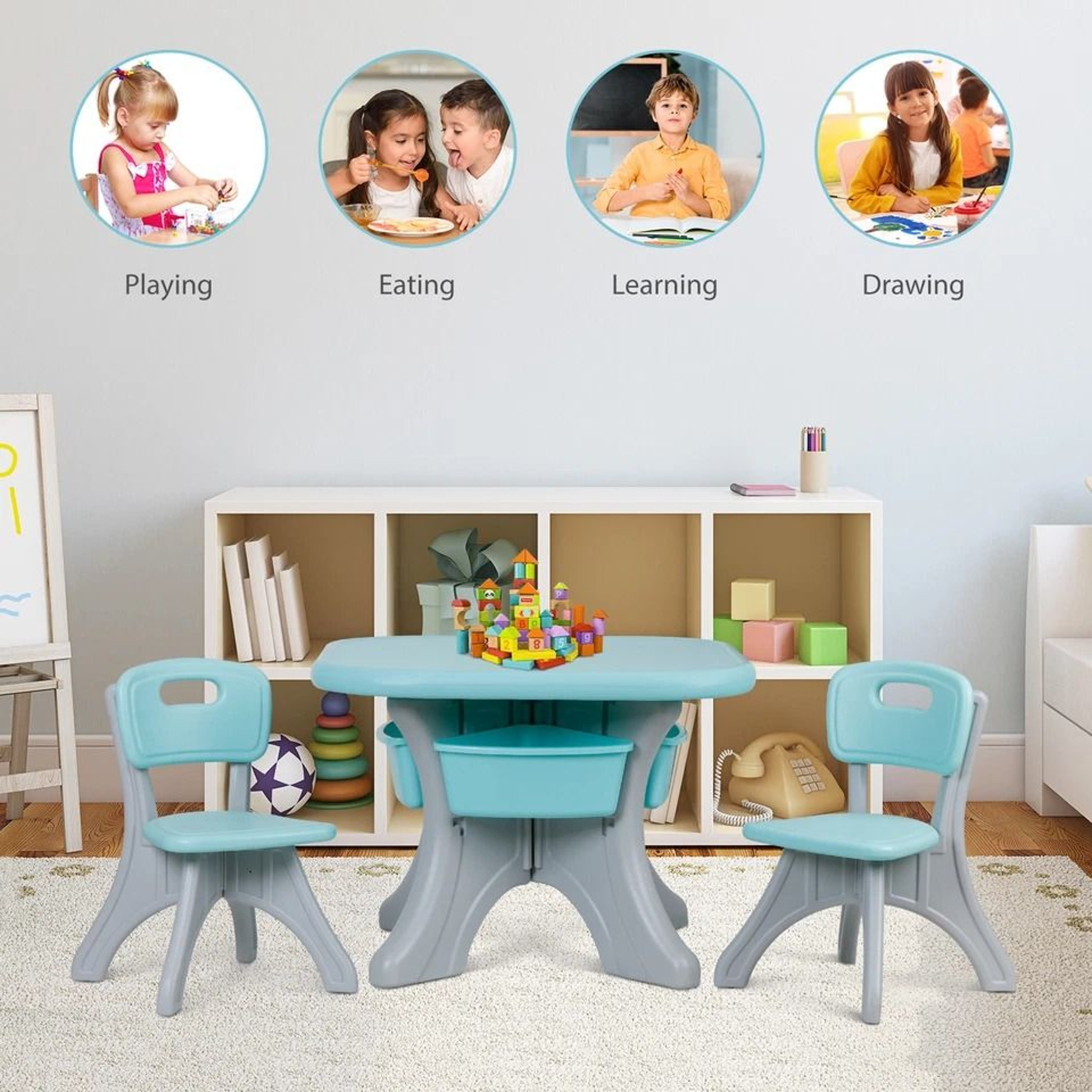 Detachable Kids Play Table And Chairs Set Toddler Learning Table With Storage Pocket 2
