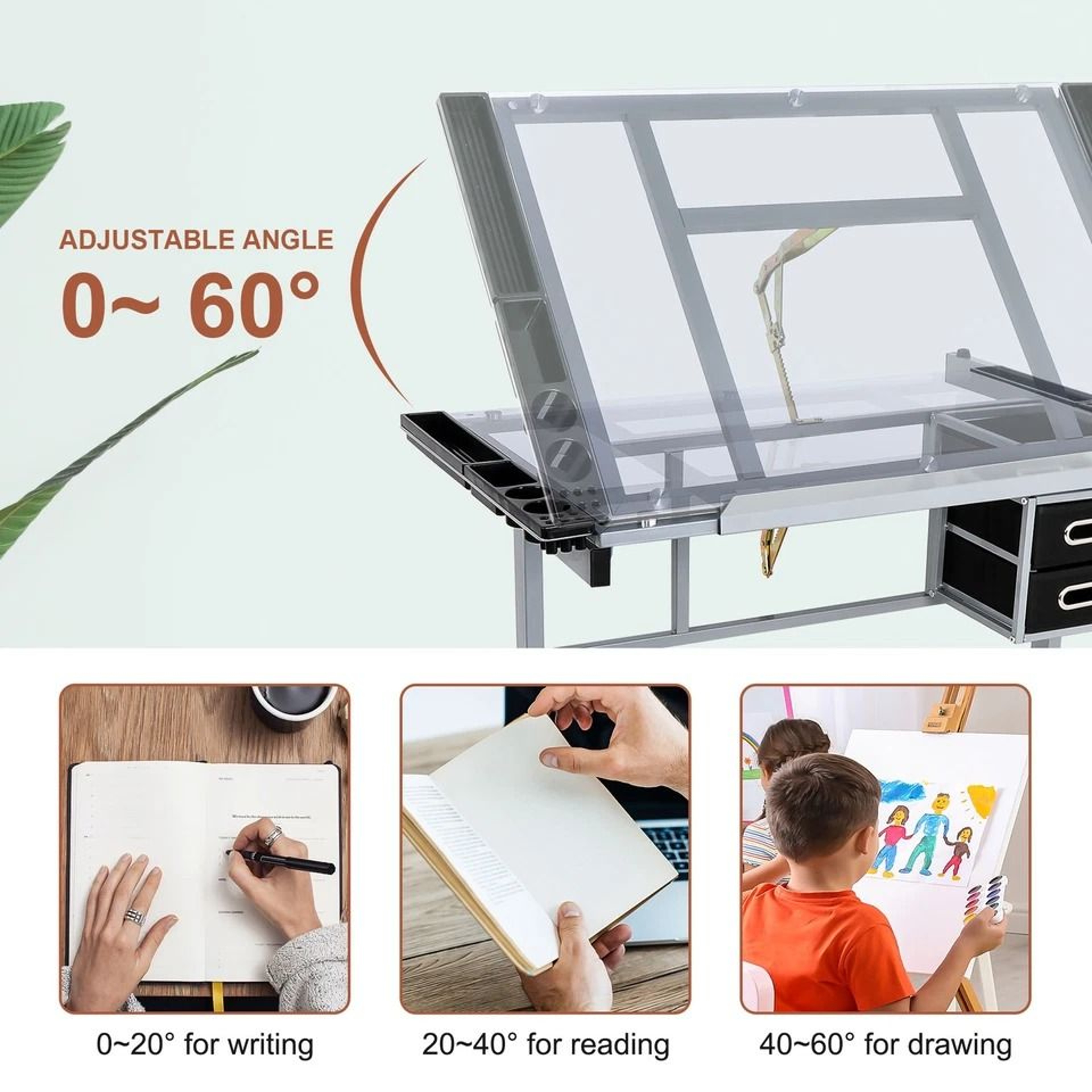 Tempered Glass Adjustable Drawing Table Rolling Drafting Station Adjustable Height Work Desk Storag 3