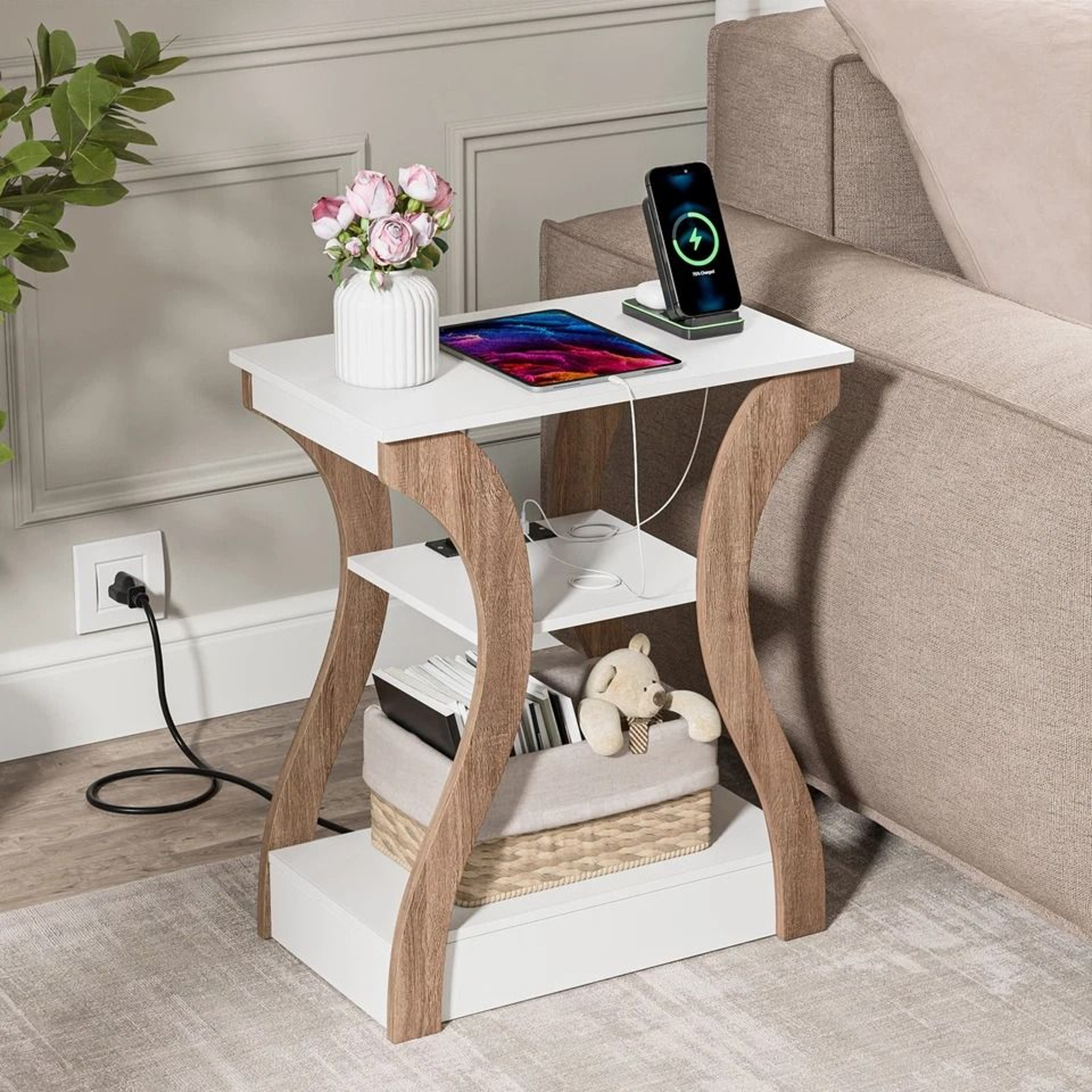 End Table With Charging Station White Side Table For Bedroom Living Room 9