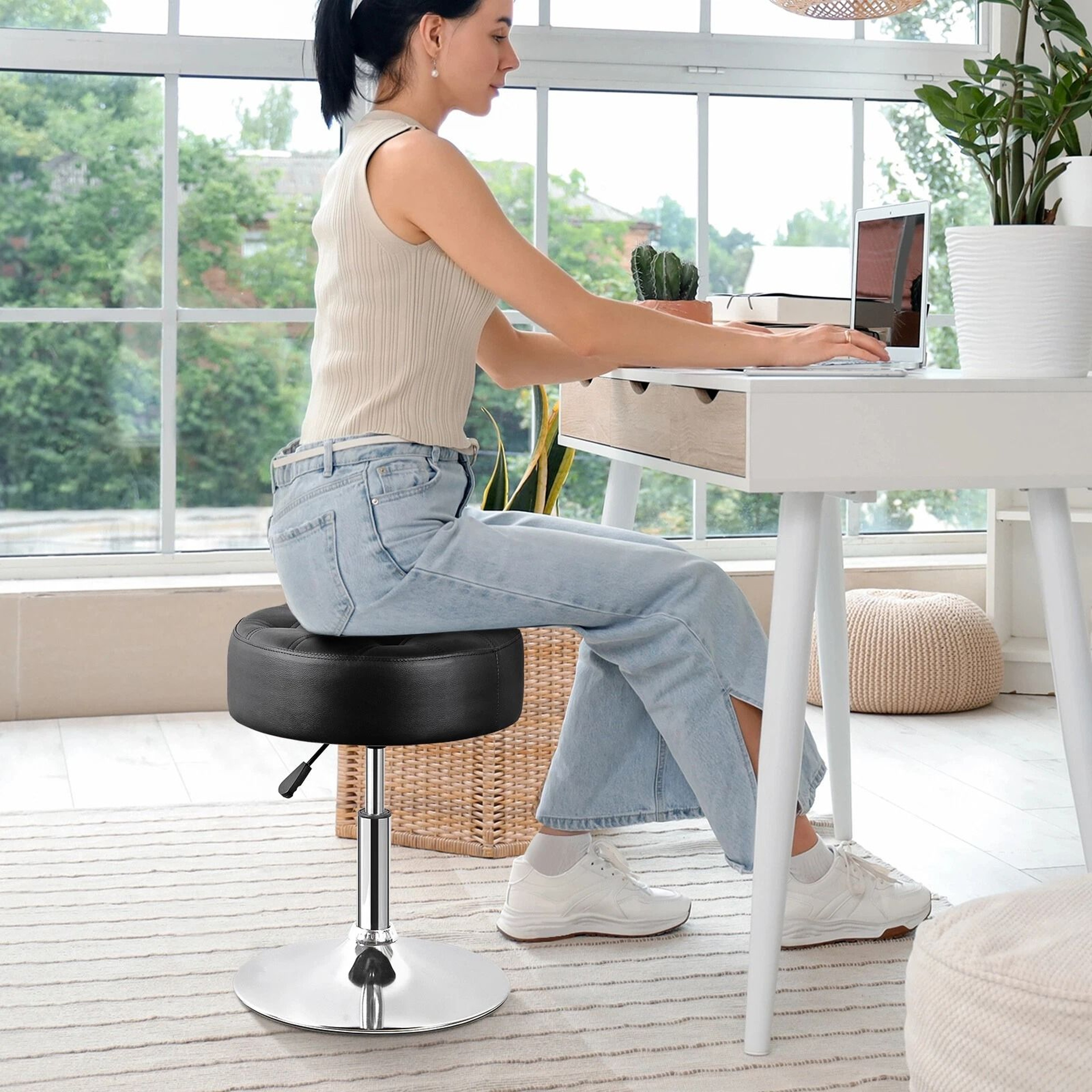 Swivel Vanity Stool Adjustable Height Makeup Stool PU Leather Chair Black Vanity Stool For Office B 10