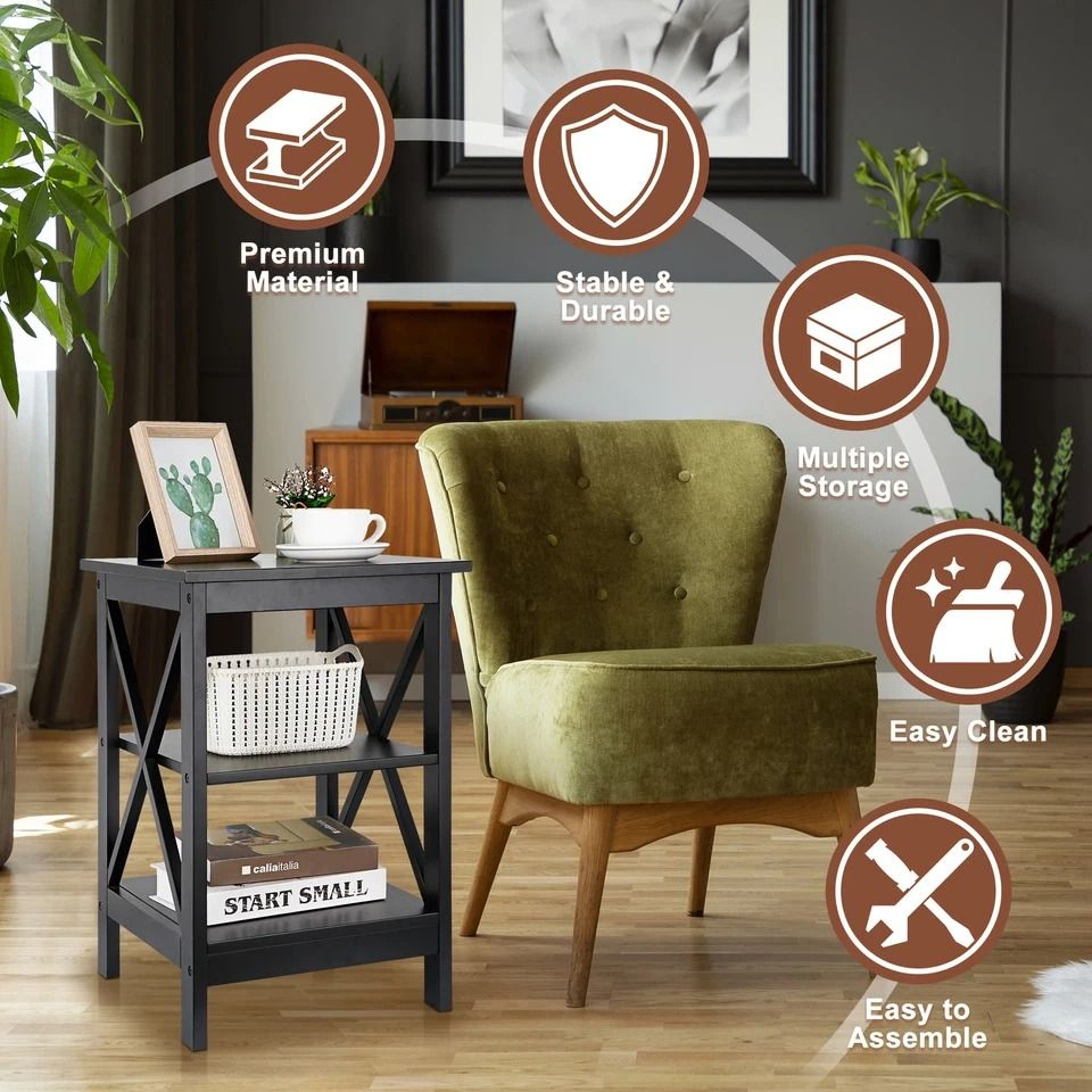 Tier End Table Stand For Sofa Bed SpaceSaving Bedroom Living Room Storage Compact MDF Side Table Fo 2
