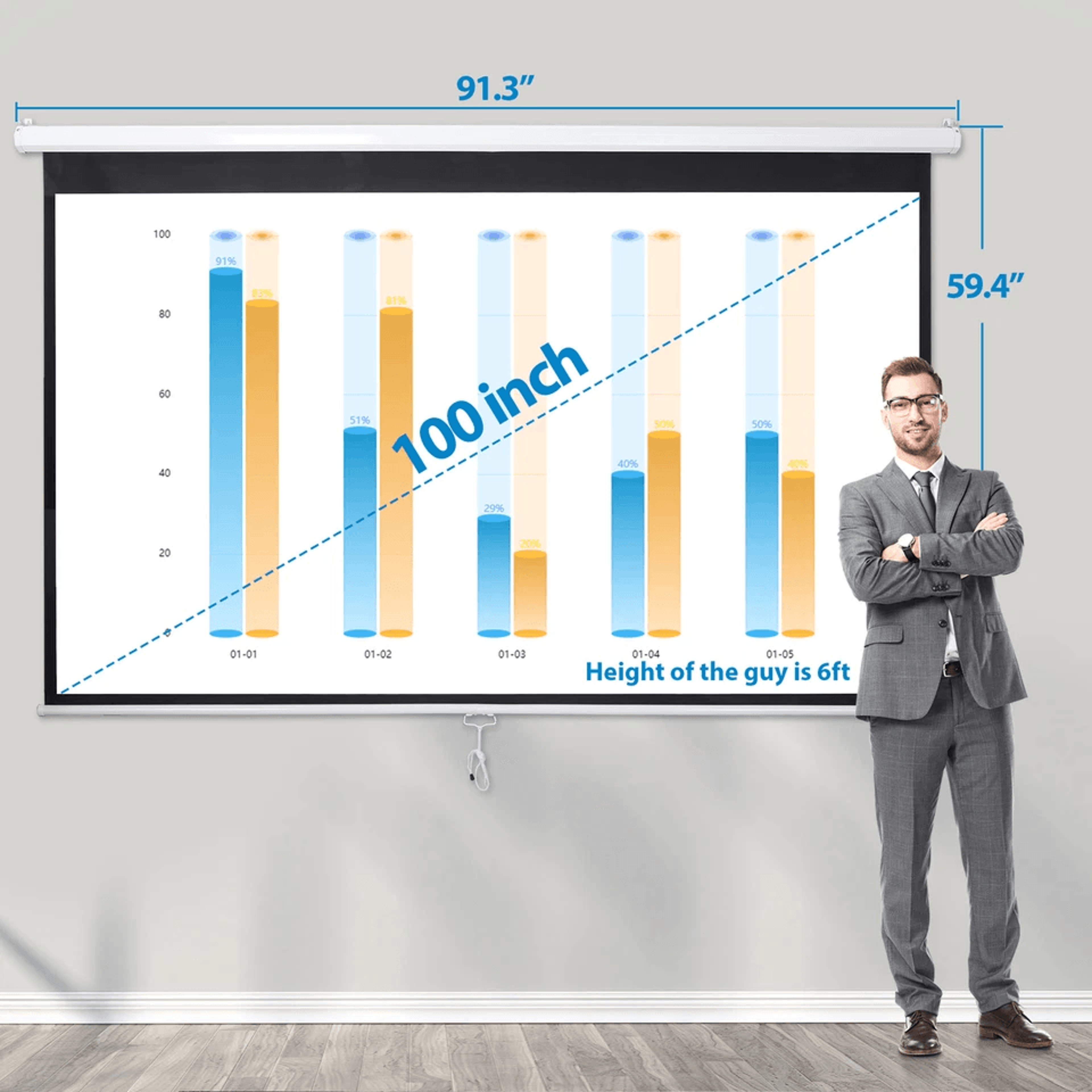 HD Projector ScreenDiagonal Pull Down Home Theater Projection Matte White Viewing Angle 12