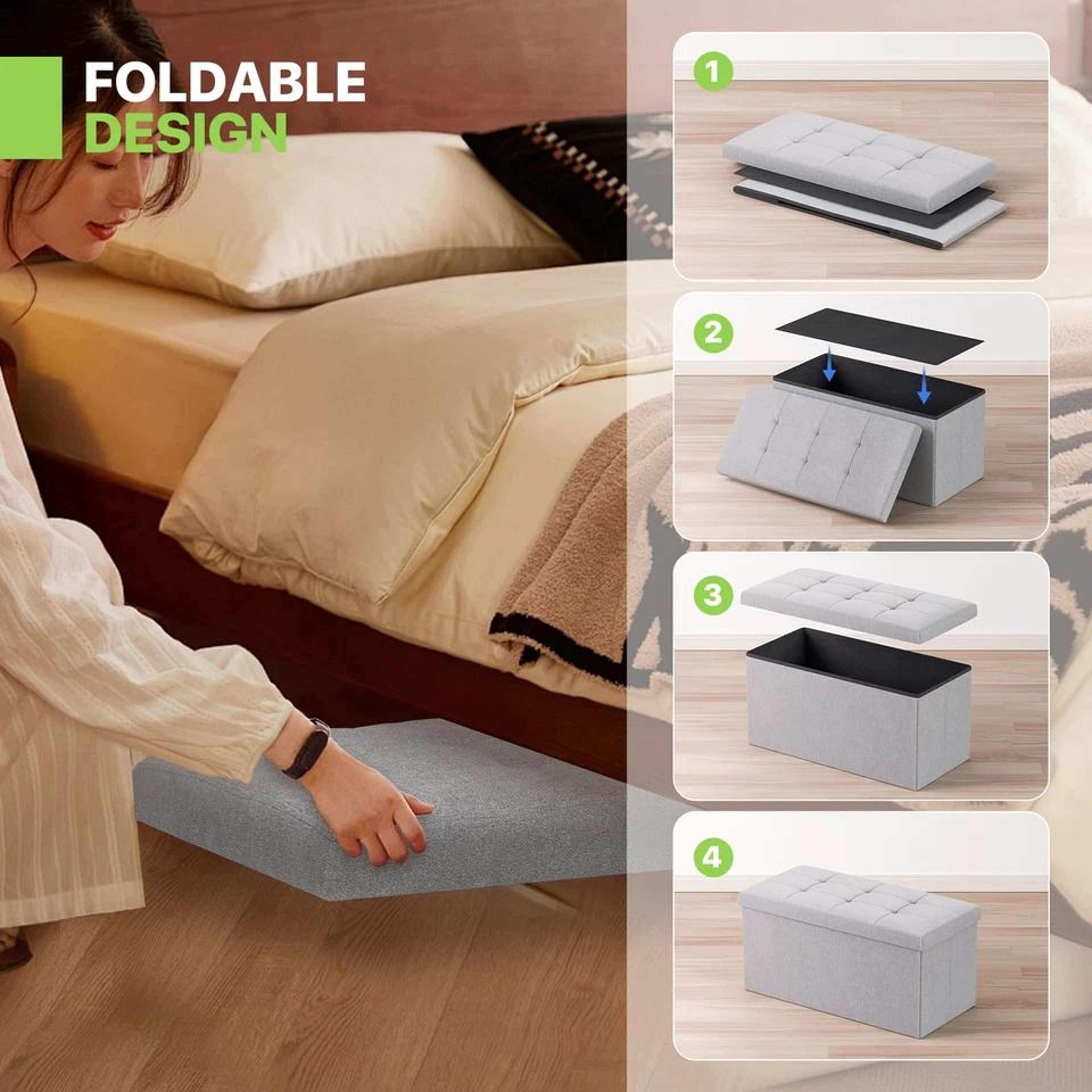 Foldable Storage Ottoman Light Gray Foot Stool Bench With Chest Flipping Lid For Extra Seating 7