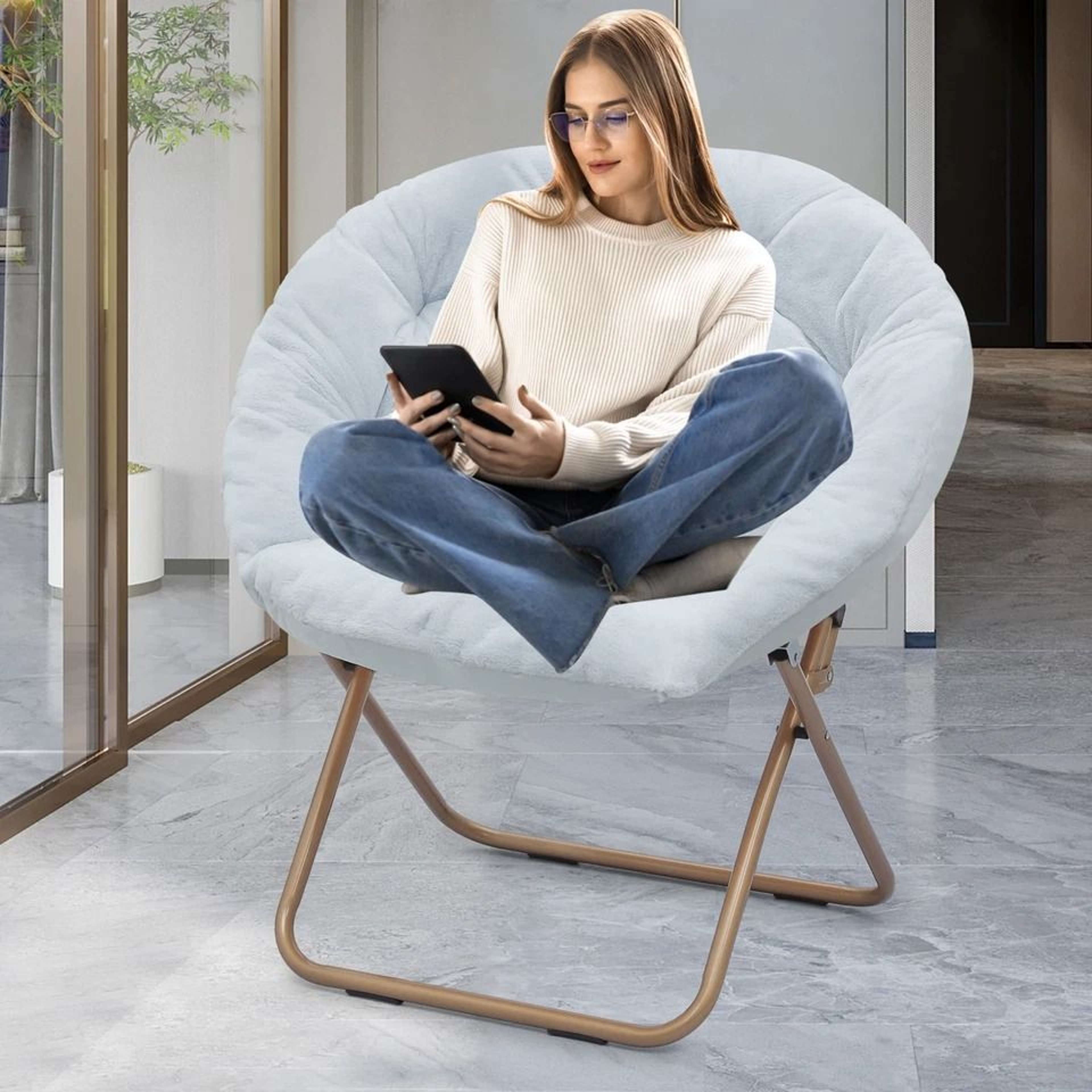 Comfy Moon Lounge Chair Folding Saucer Chair With Blue Cozy Faux Fur Upholstery Seat 3