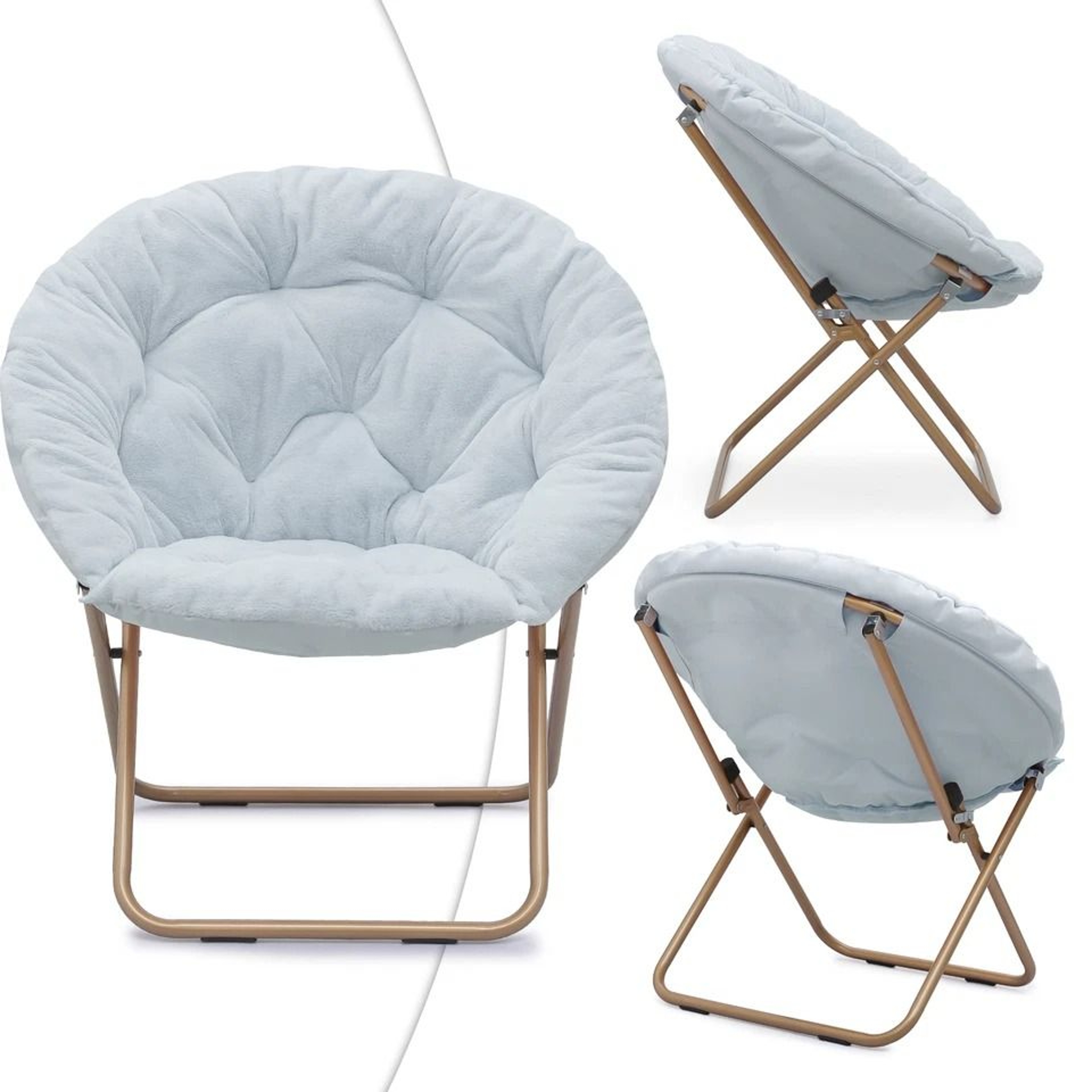 Comfy Moon Lounge Chair Folding Saucer Chair With Blue Cozy Faux Fur Upholstery Seat 6
