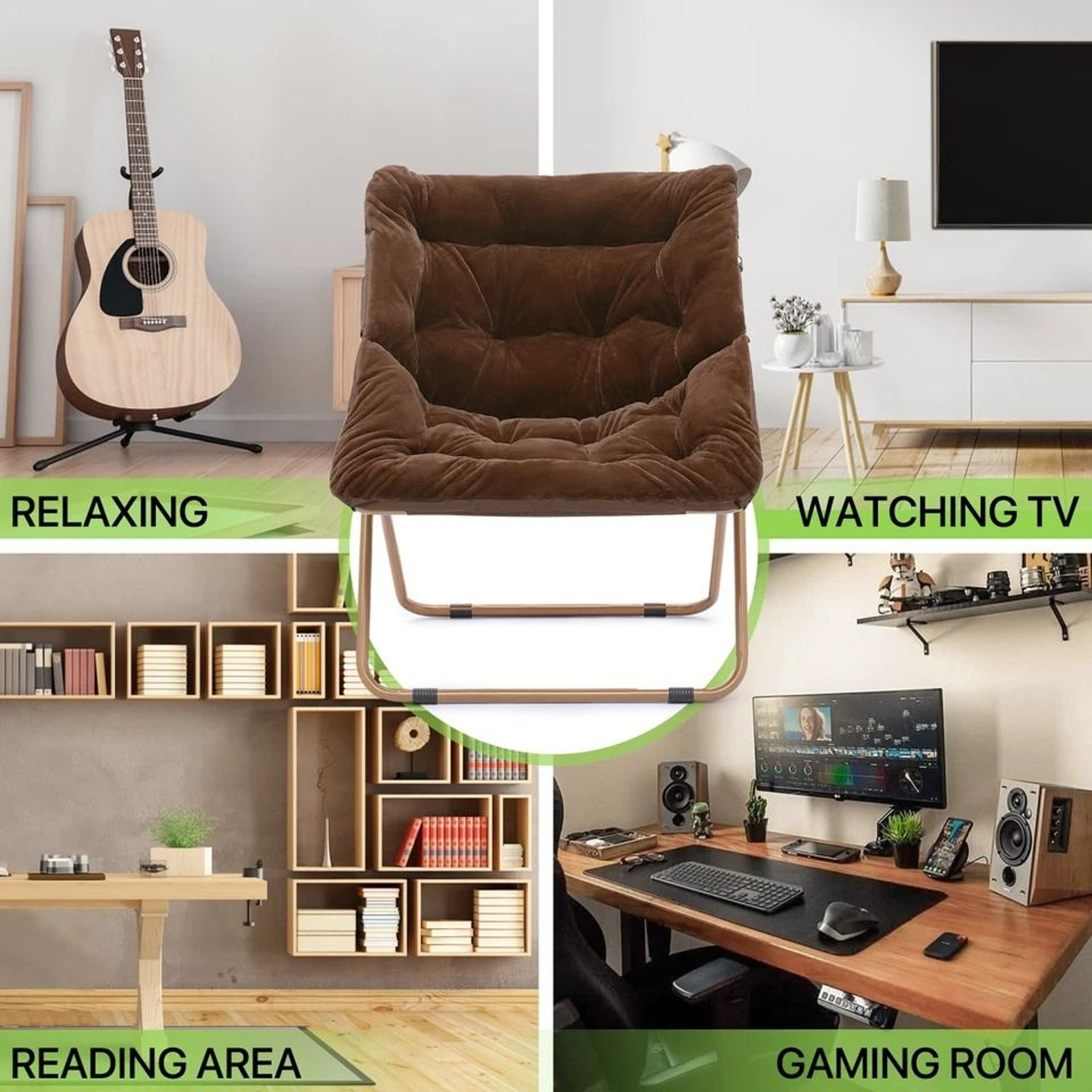 Cozy Foldable Brown Saucer Chair Footrest Faux Fur Oversized Lounge Accent Chair 10