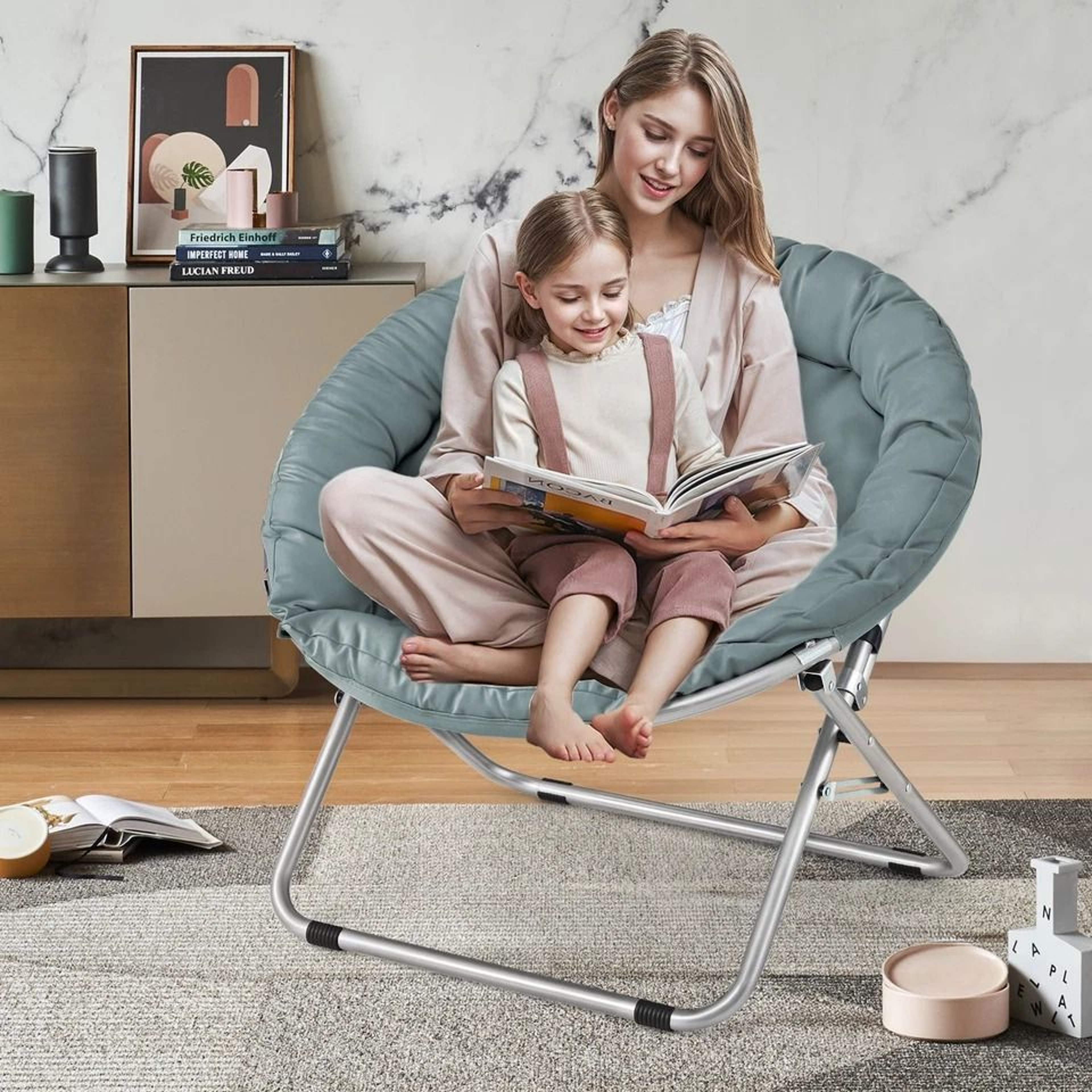 Foldable Lazy Saucer Chair Accent Chair For Living Room Teal Moon Seat Comfortable And Compact 3