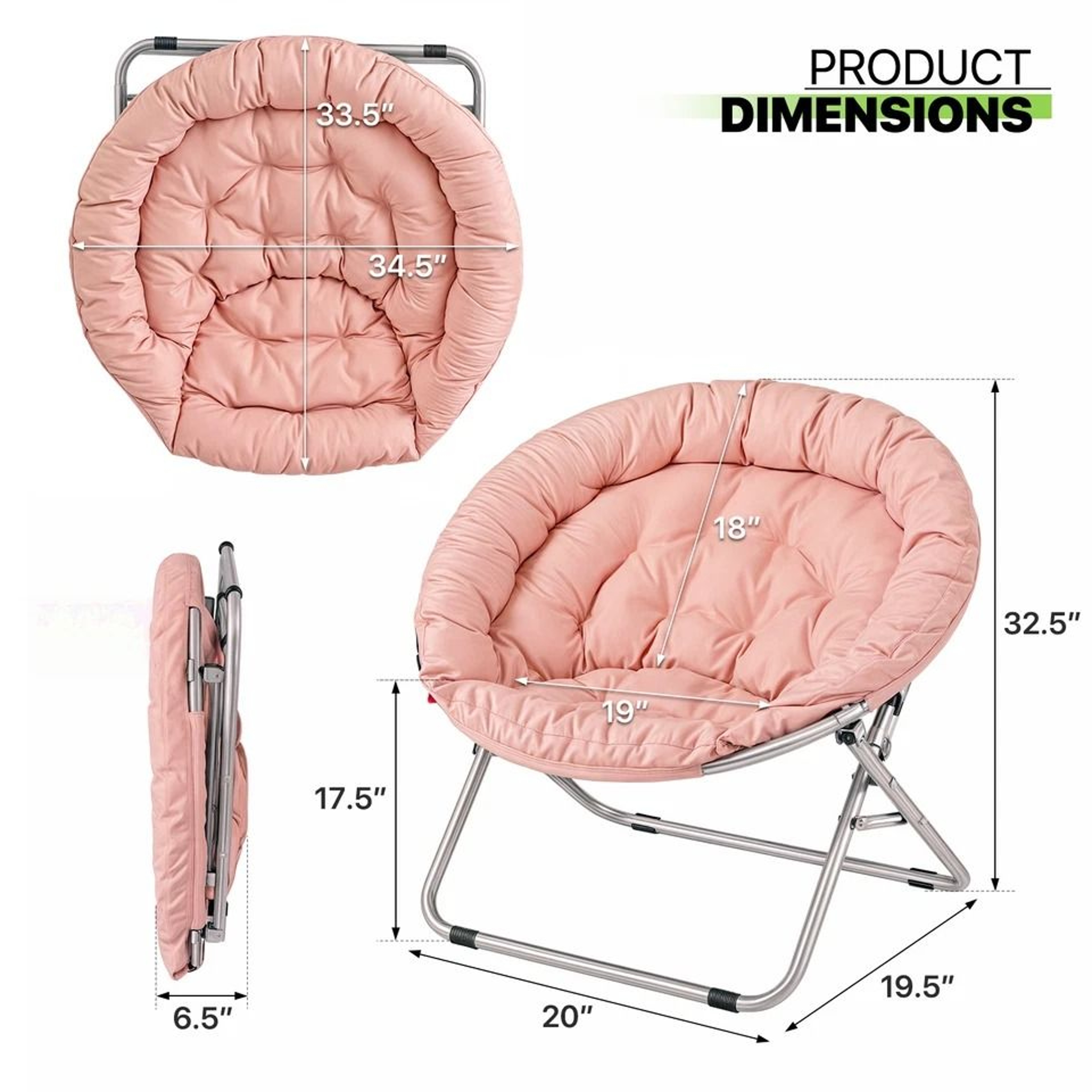 Foldable Saucer Chair Comfy Accent Lounge Chair Pink Soft Round Moon Padded Seat 1